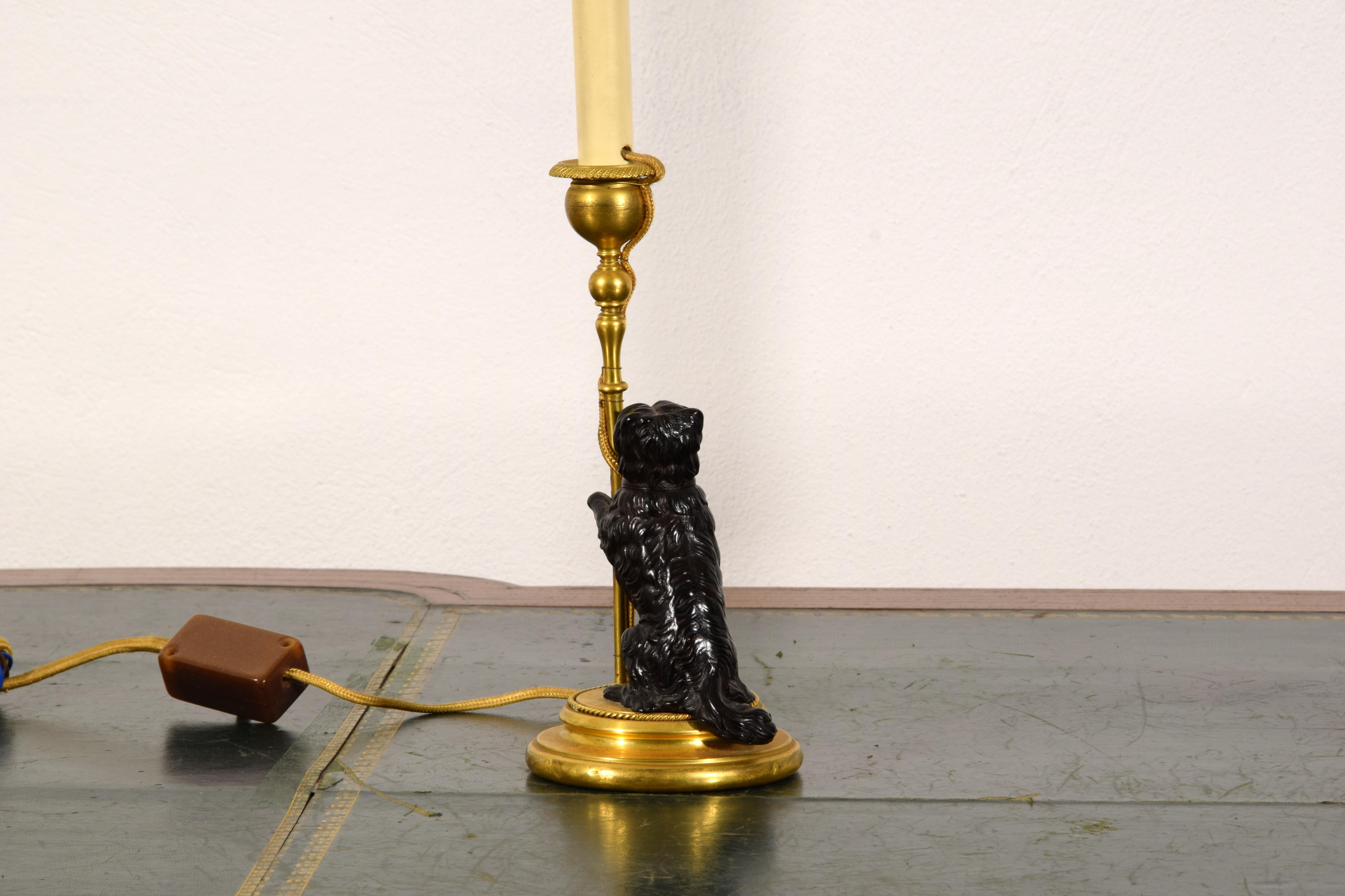 19th Century, Pair of Frech Gilt and Burnished Bronze Candlesticks with dogs 12