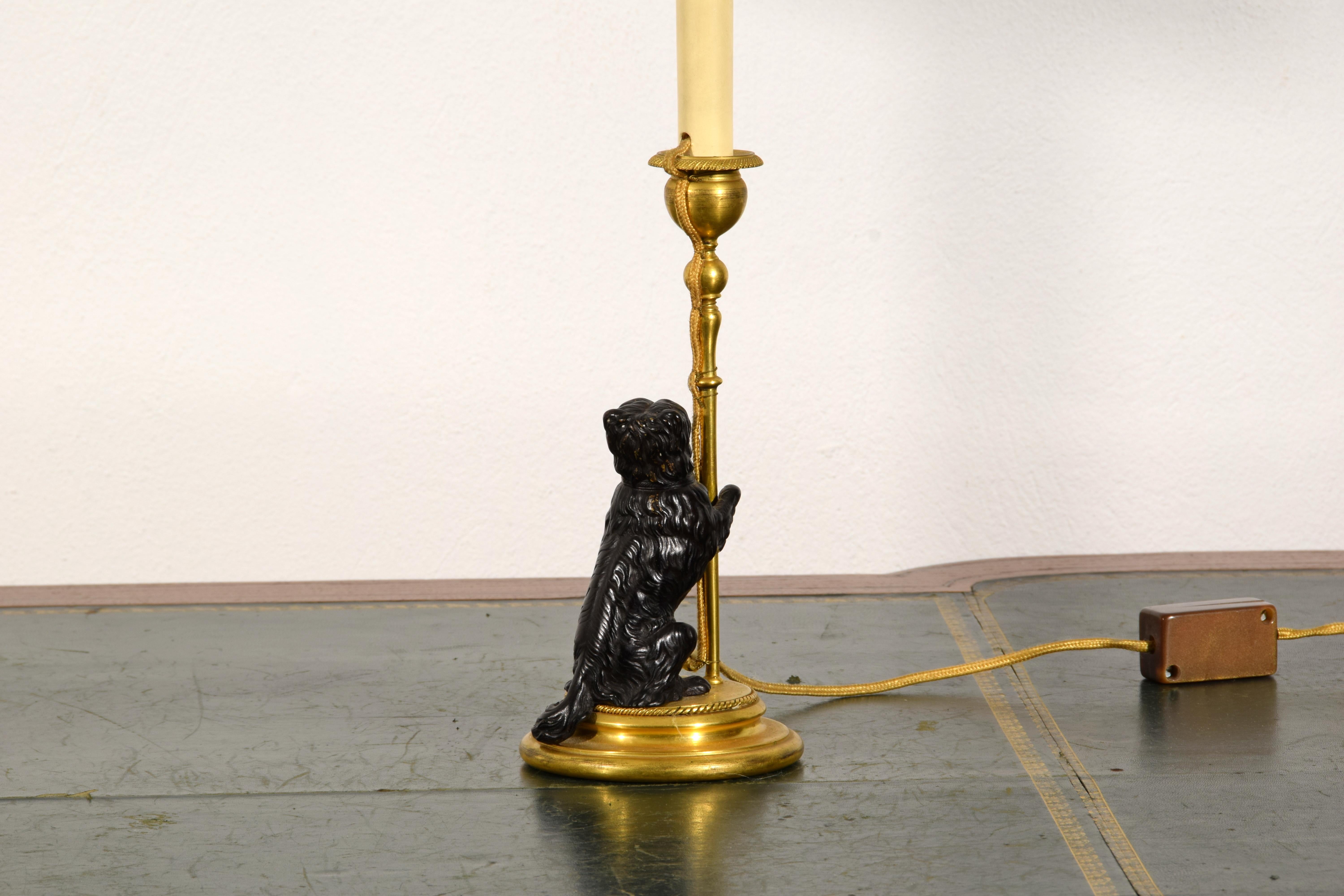 19th Century, Pair of Frech Gilt and Burnished Bronze Candlesticks with dogs 13
