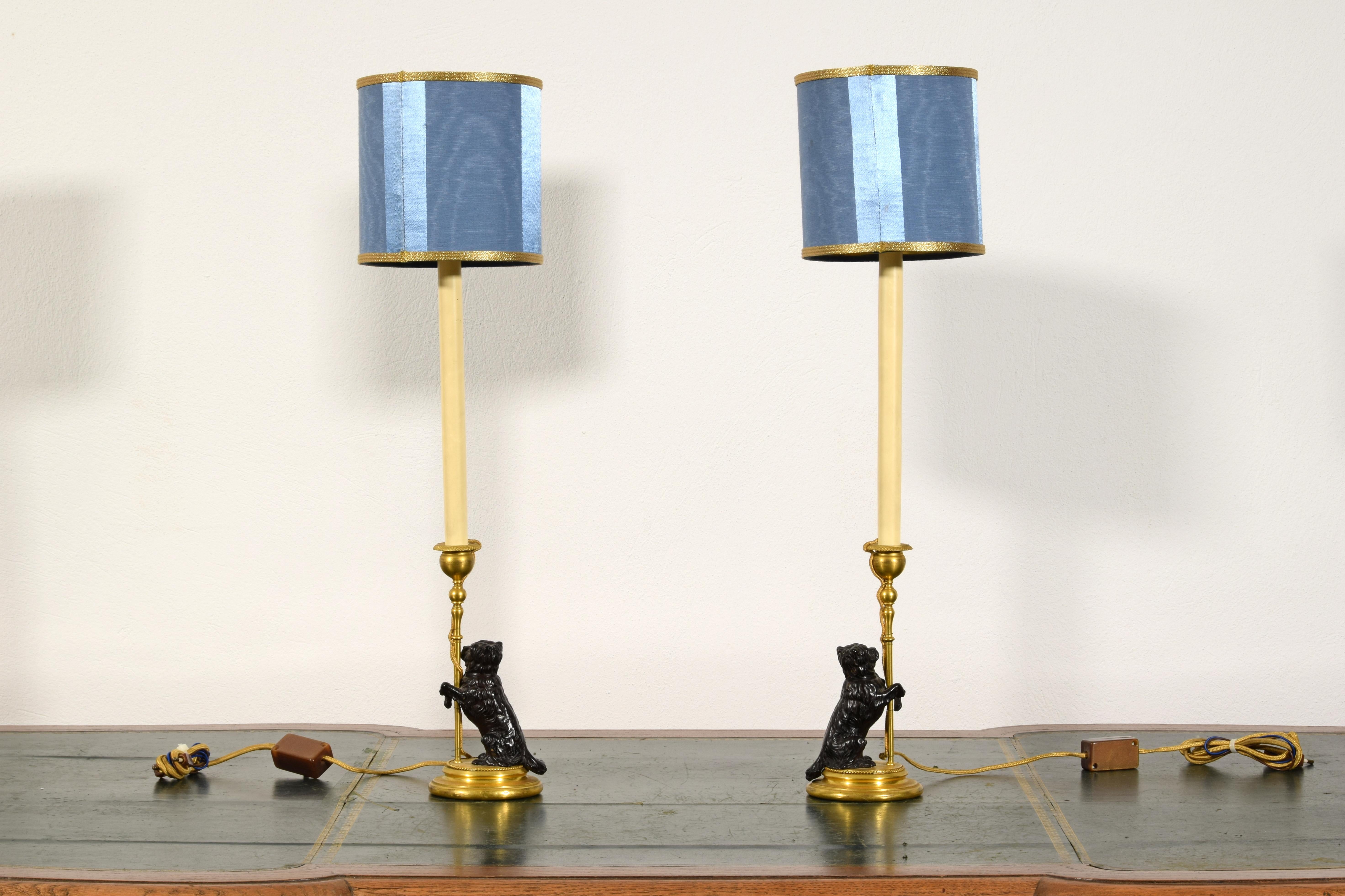19th Century, Pair of Frech Gilt and Burnished Bronze Candlesticks with dogs 14