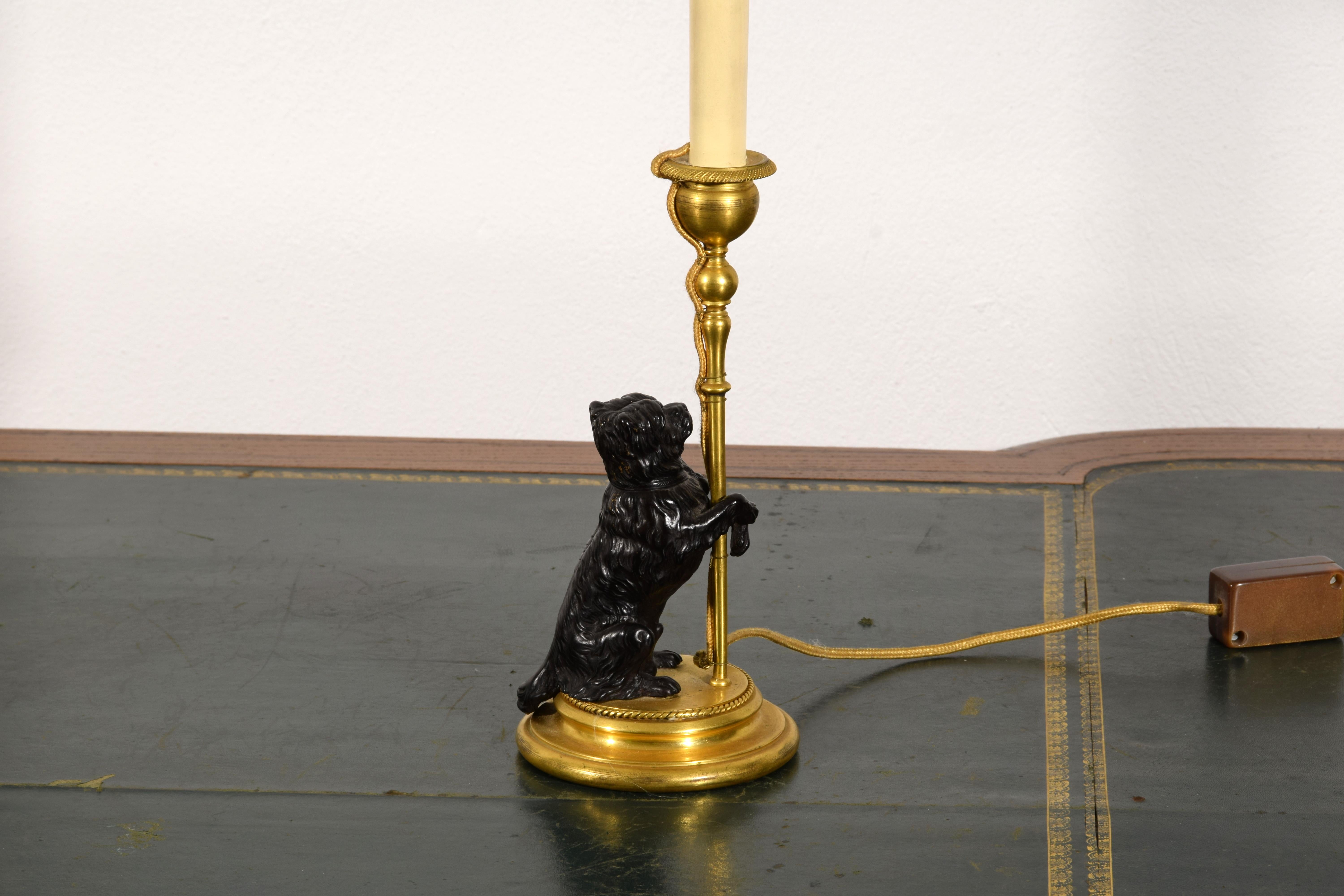 19th Century, Pair of Frech Gilt and Burnished Bronze Candlesticks with dogs 15
