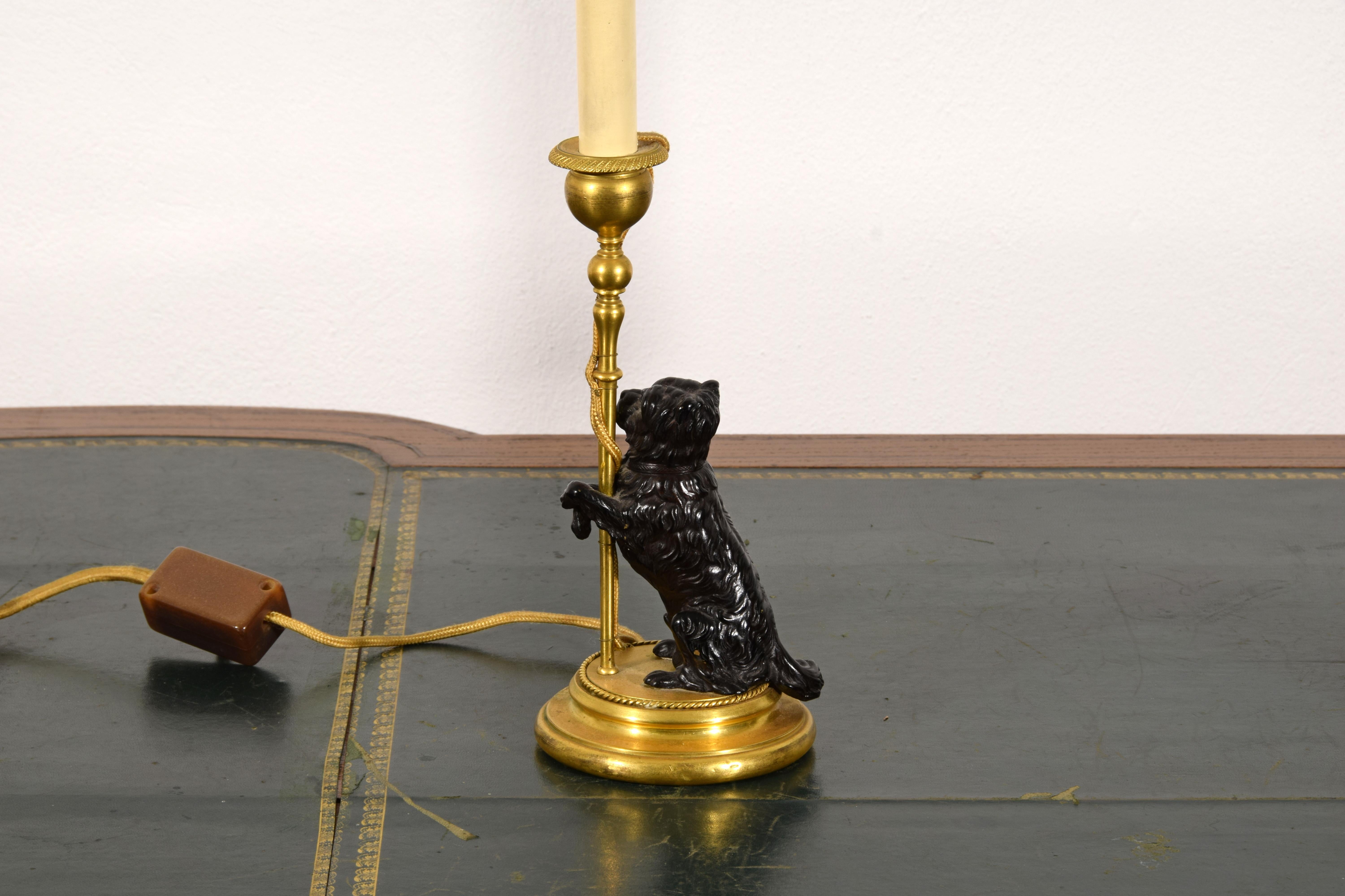 19th Century, Pair of Frech Gilt and Burnished Bronze Candlesticks with dogs 16