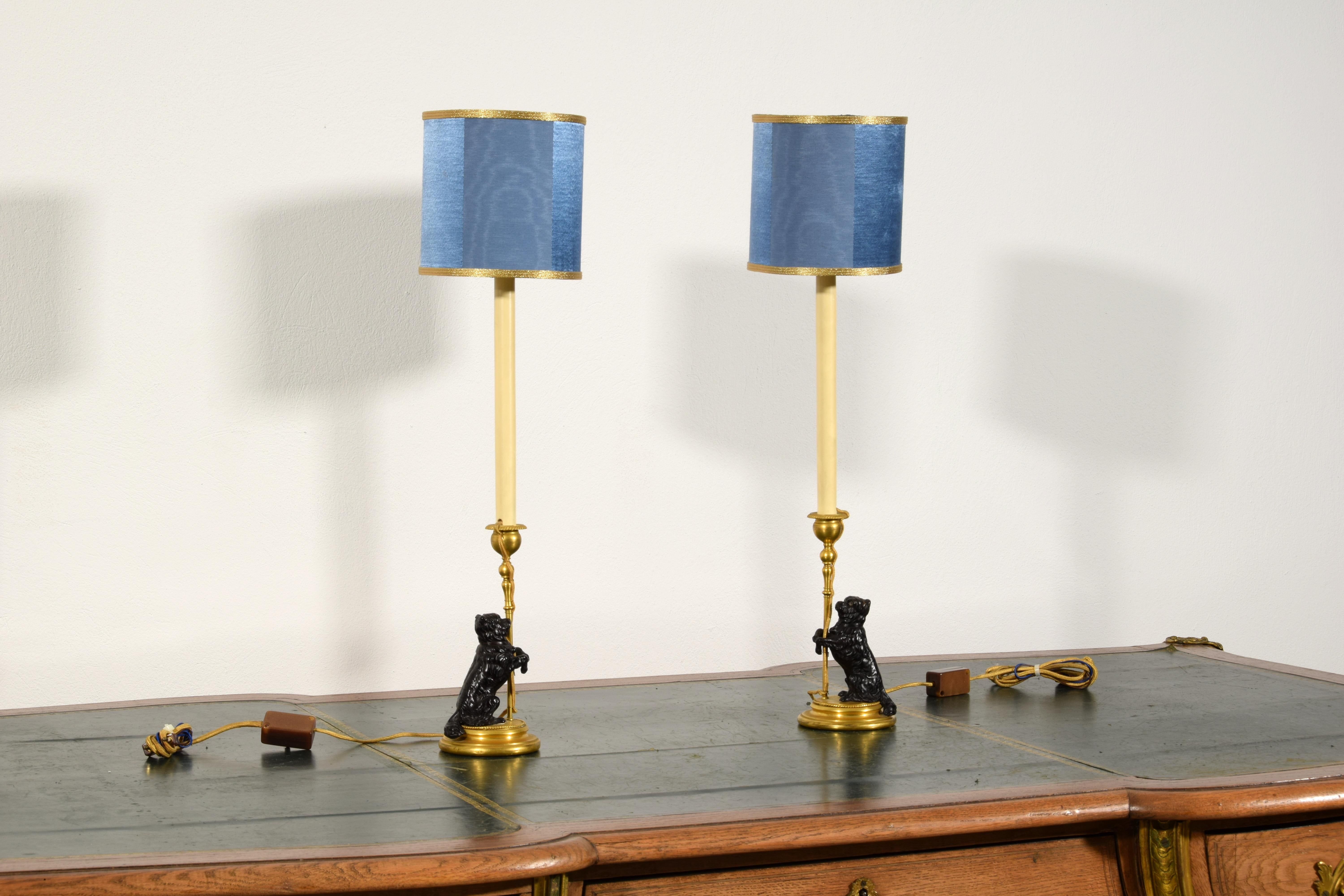 Louis XVI 19th Century, Pair of Frech Gilt and Burnished Bronze Candlesticks with dogs