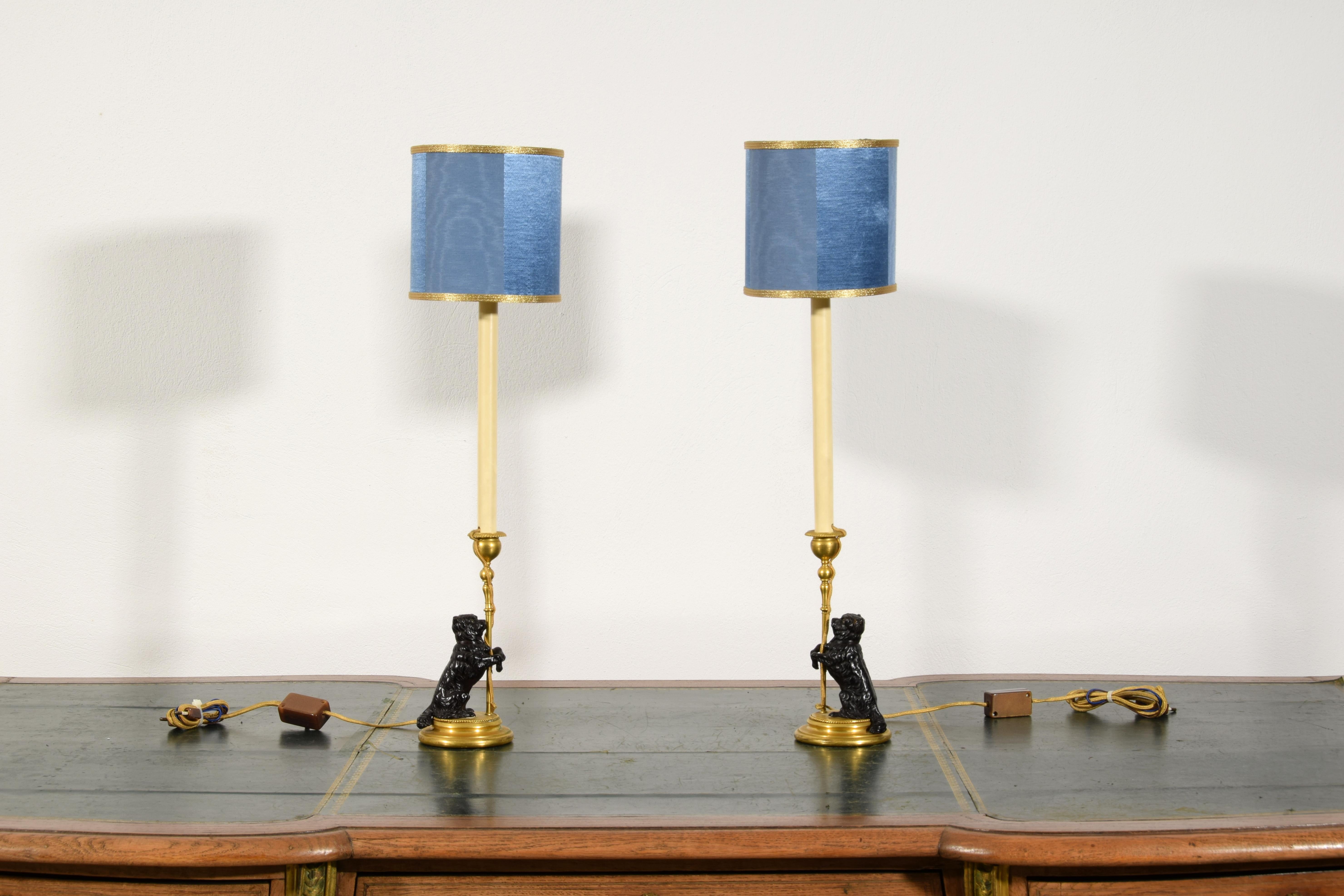 19th Century, Pair of Frech Gilt and Burnished Bronze Candlesticks with dogs 2