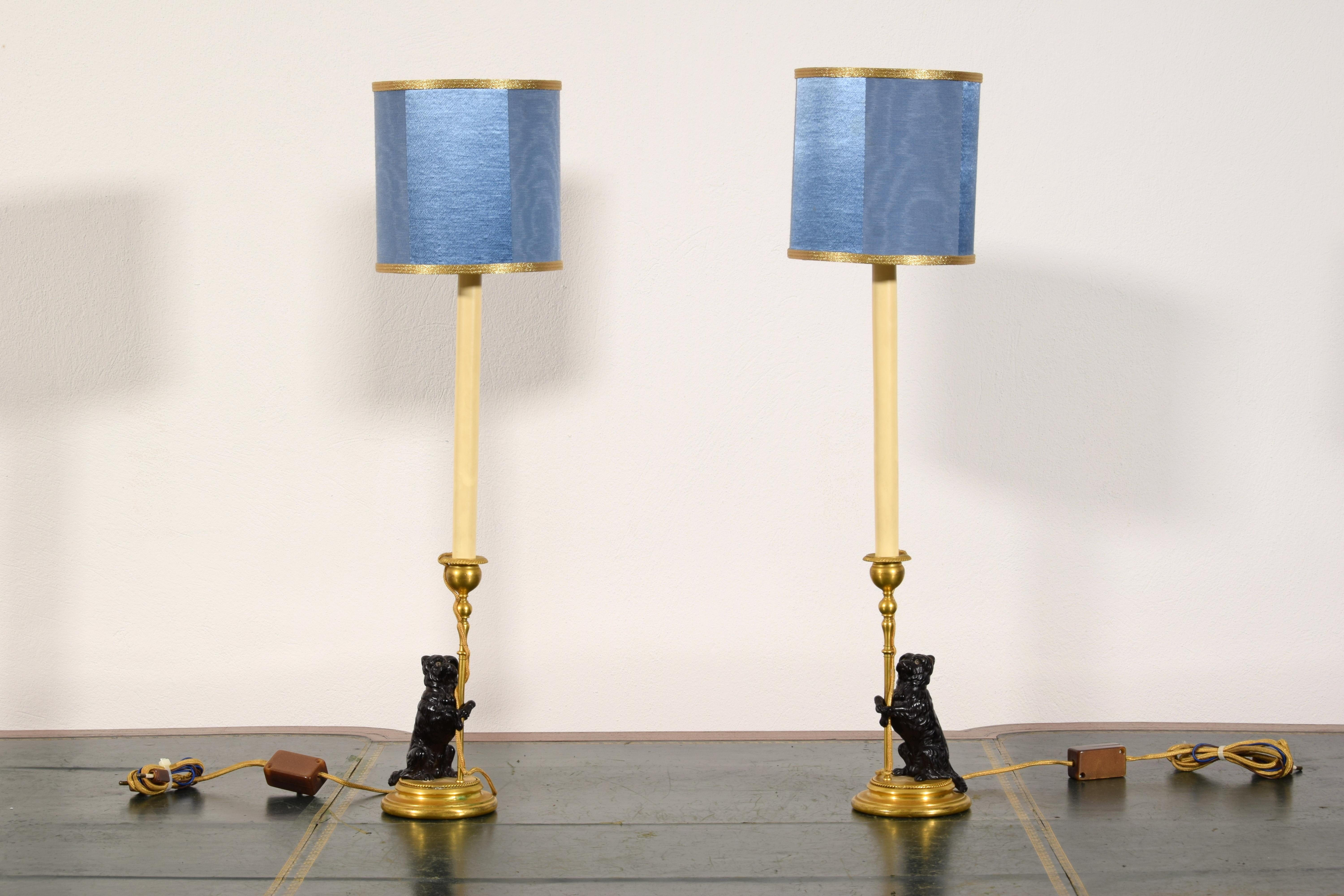 19th Century, Pair of Frech Gilt and Burnished Bronze Candlesticks with dogs 3