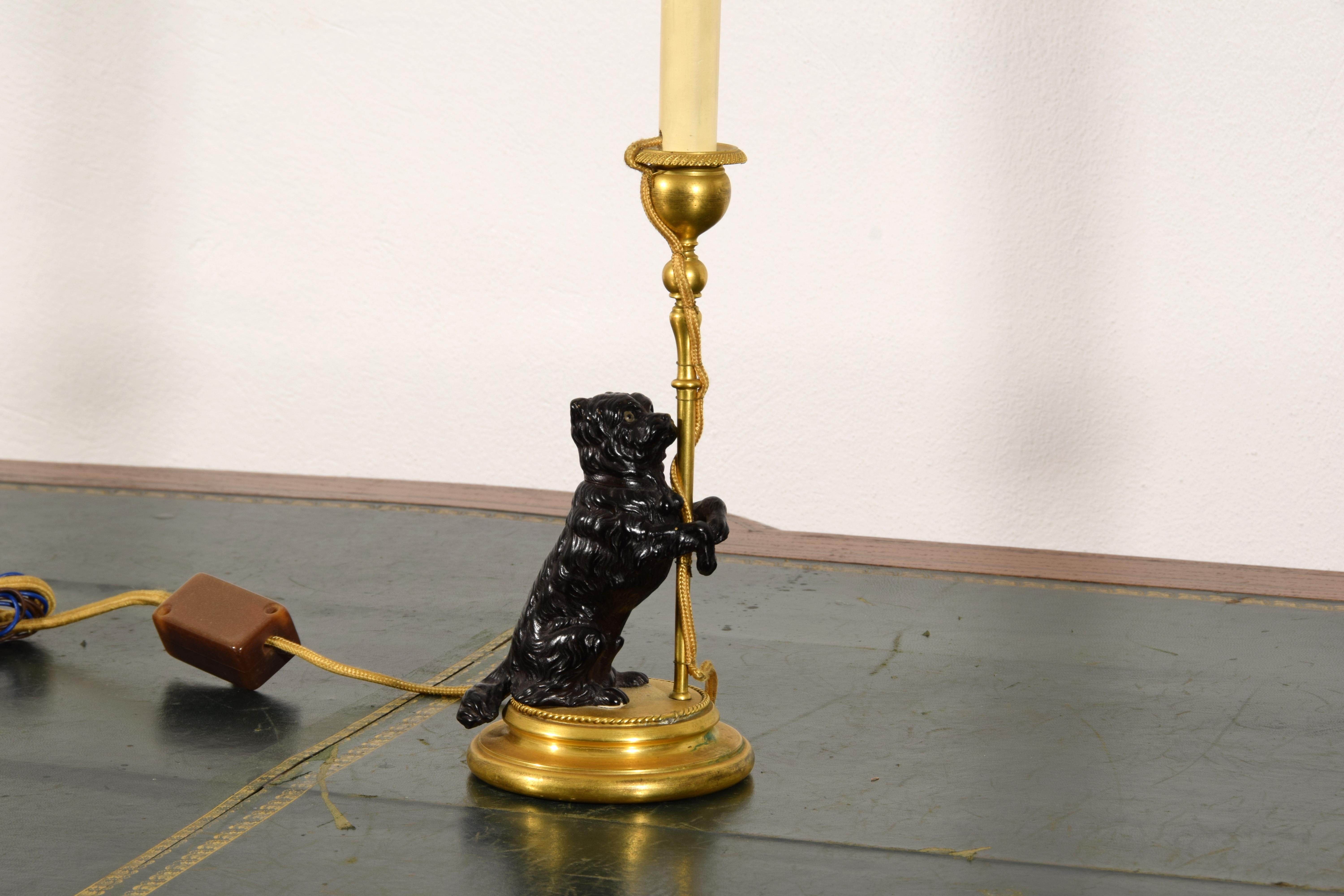 19th Century, Pair of Frech Gilt and Burnished Bronze Candlesticks with dogs 4