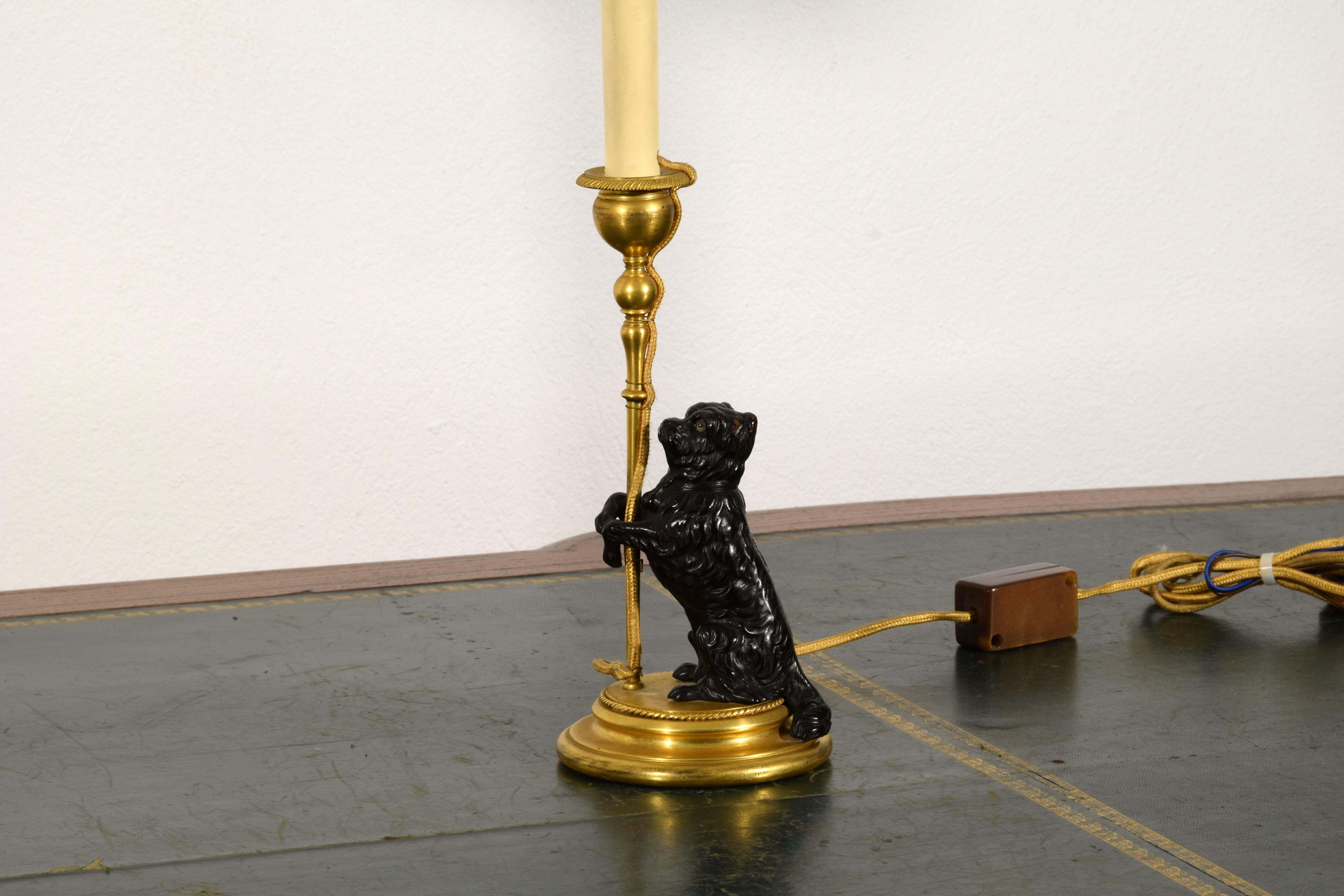 19th Century, Pair of Frech Gilt and Burnished Bronze Candlesticks with dogs 5
