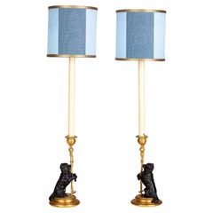 19th Century, Pair of Frech Gilt and Burnished Bronze Candlesticks with dogs