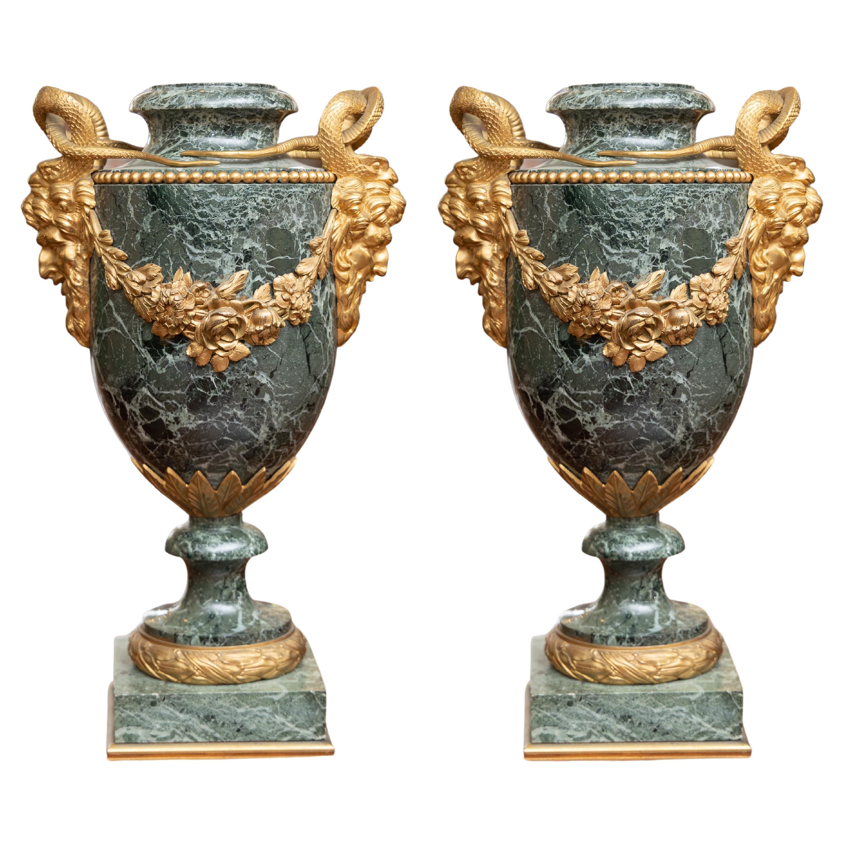 19th Century Pair of French and Gilt Bronze Verdi Green Urns For Sale