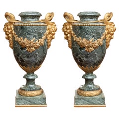 19th Century Pair of French and Gilt Bronze Verdi Green Urns
