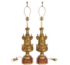 19th Century Pair of French Antique Bronze and Red Marble Table Lamps