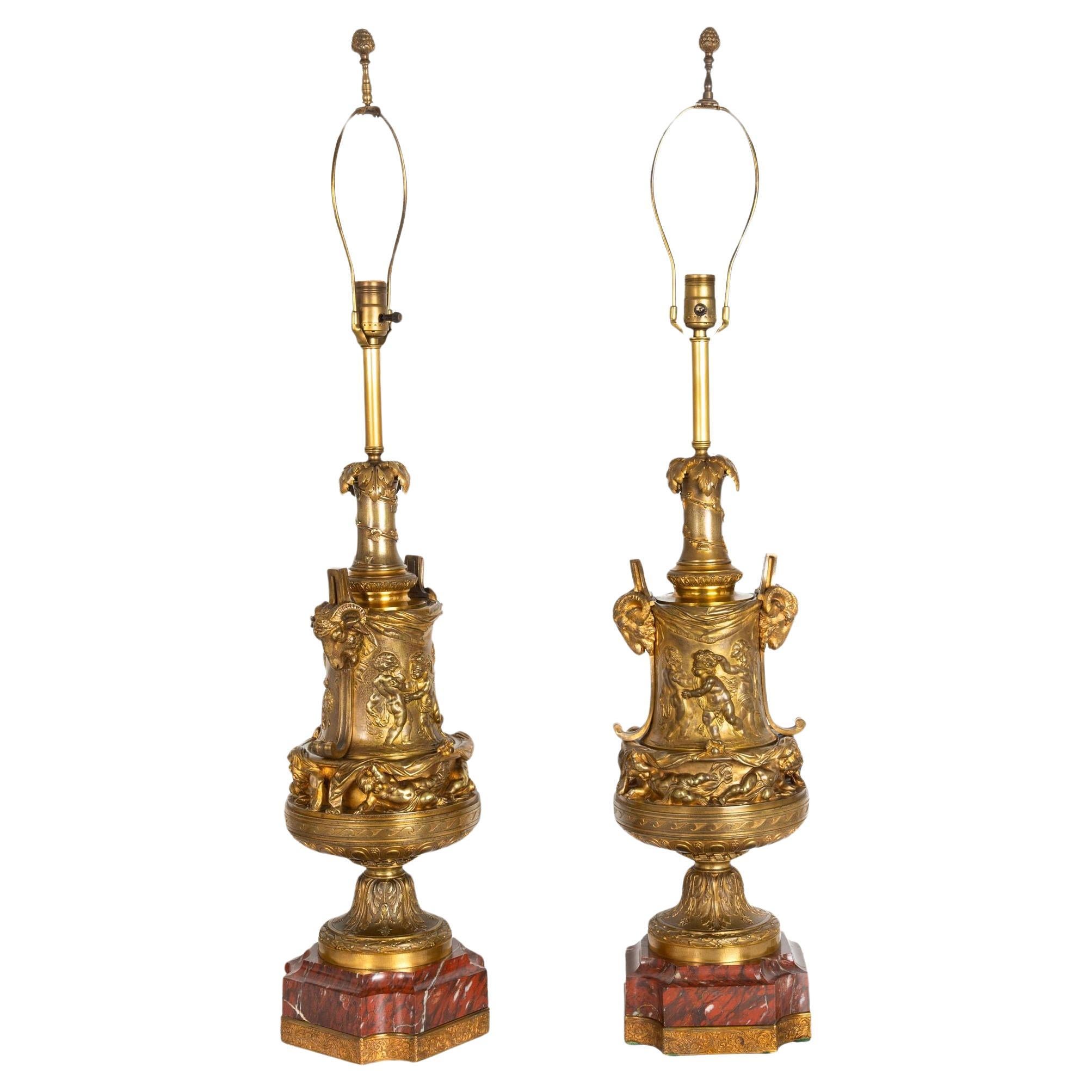 19th Century Pair of French Antique Bronze and Red Marble Table Lamps