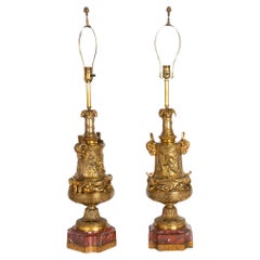 19th Century Pair of French Used Bronze and Red Marble Table Lamps