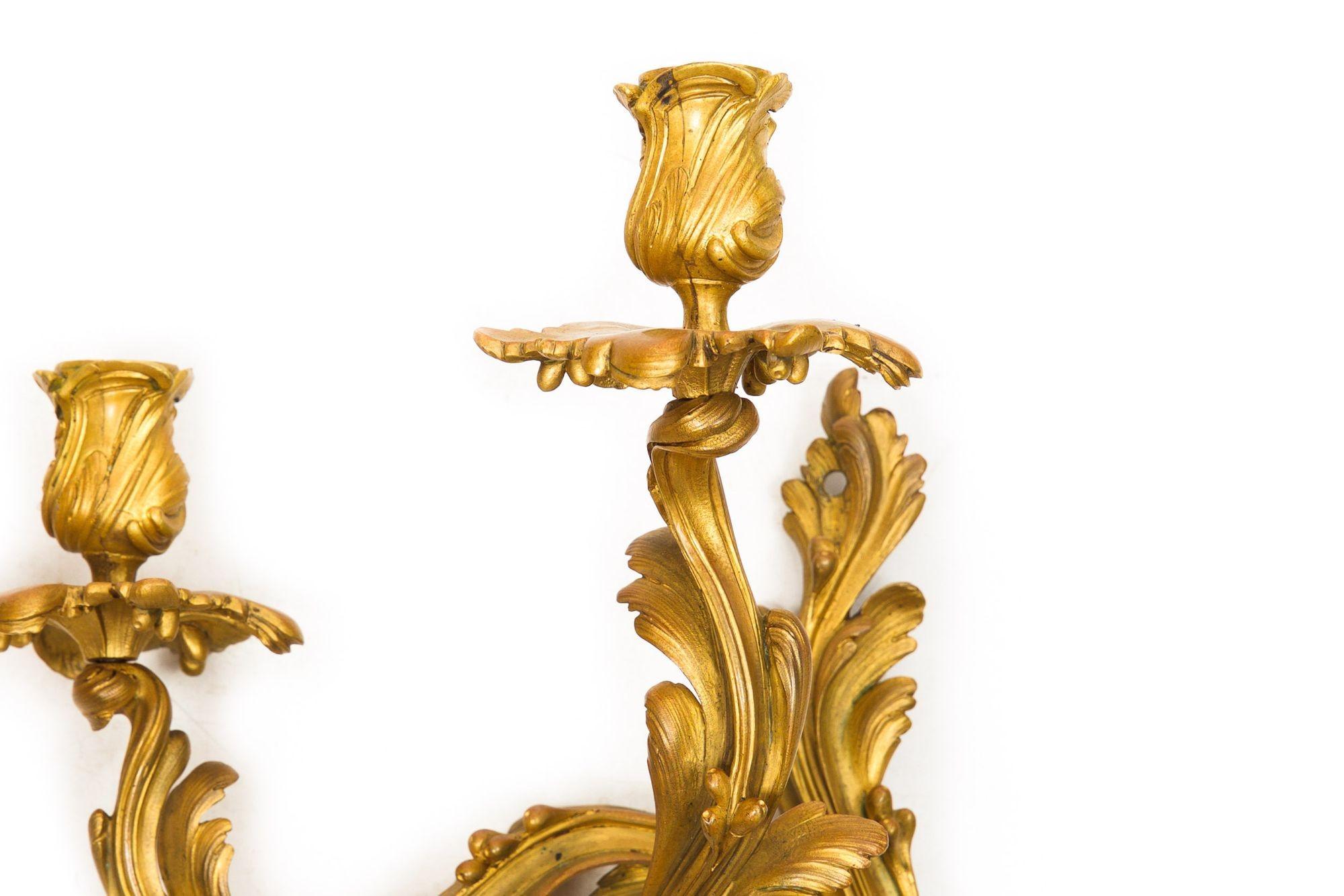 A good pair of sand-cast bronze two-branch sconces in the Louis XV taste from the second-half of the 19th century, they feature beautifully textured fronds throughout the foliage. The pair have never been electrified. A very nice decorative