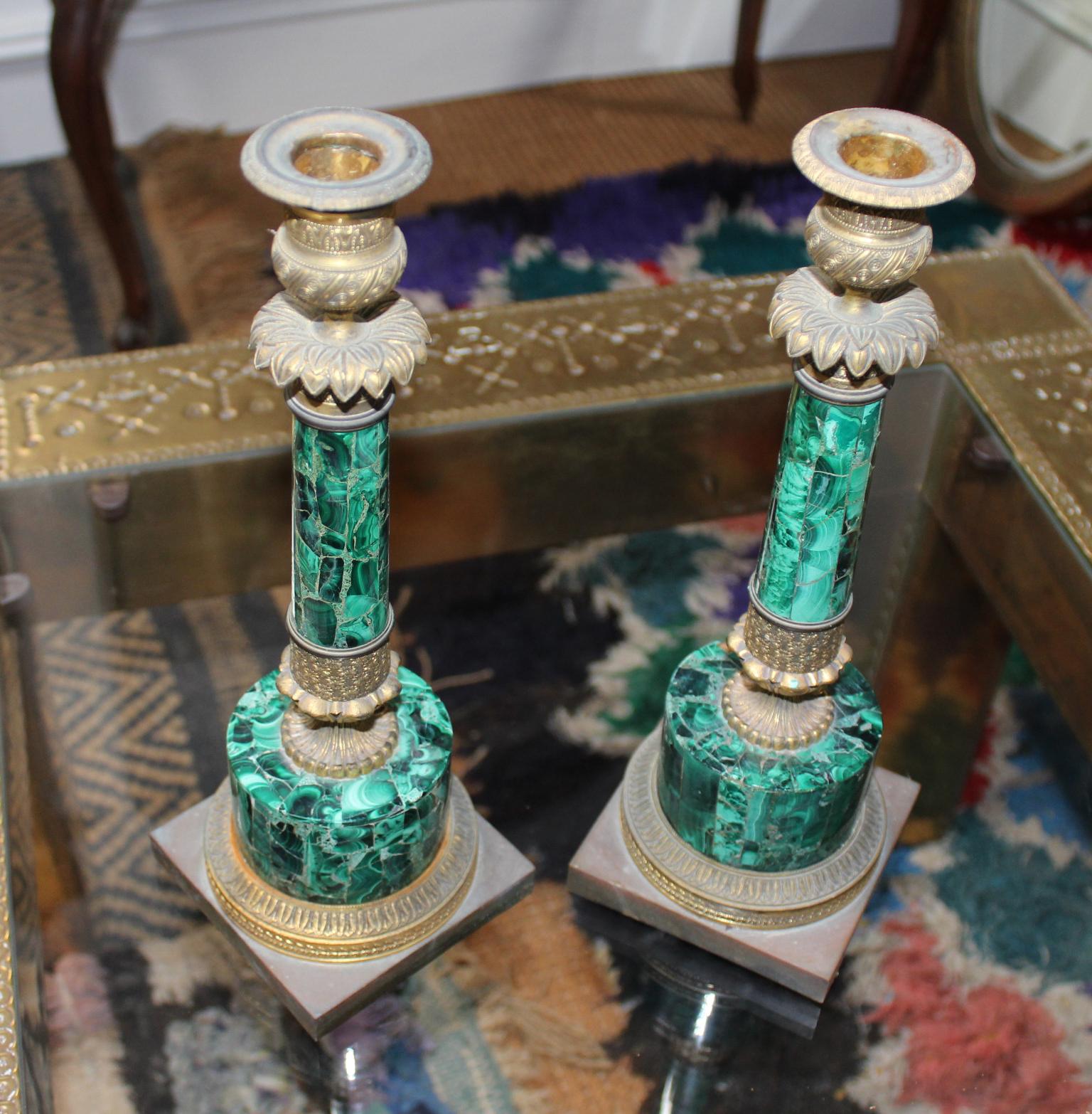 19th century pair of French brass and Malachite candleholders.

 