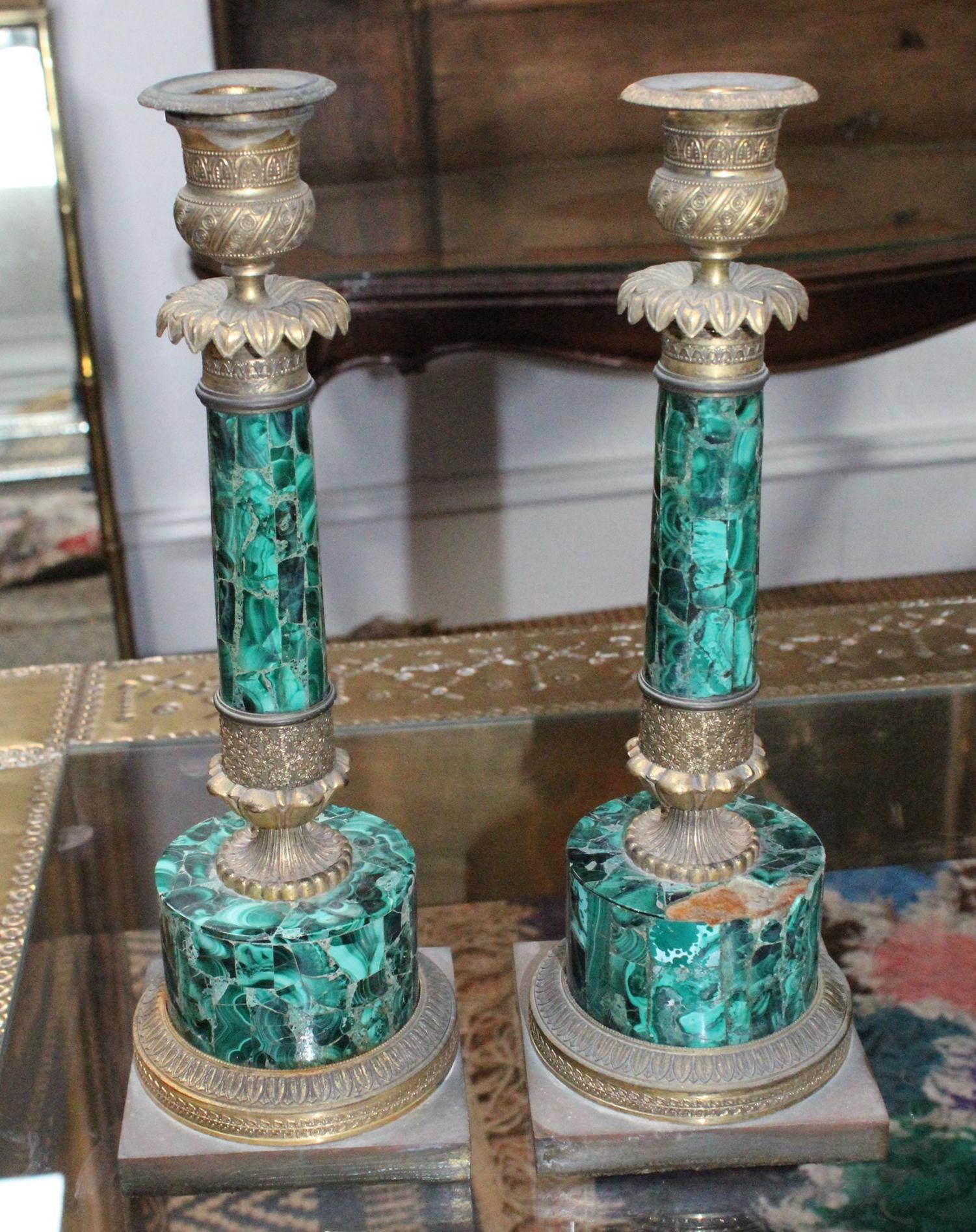 Early 20th Century 19th Century Pair of French Brass and Malacuite Candleholders