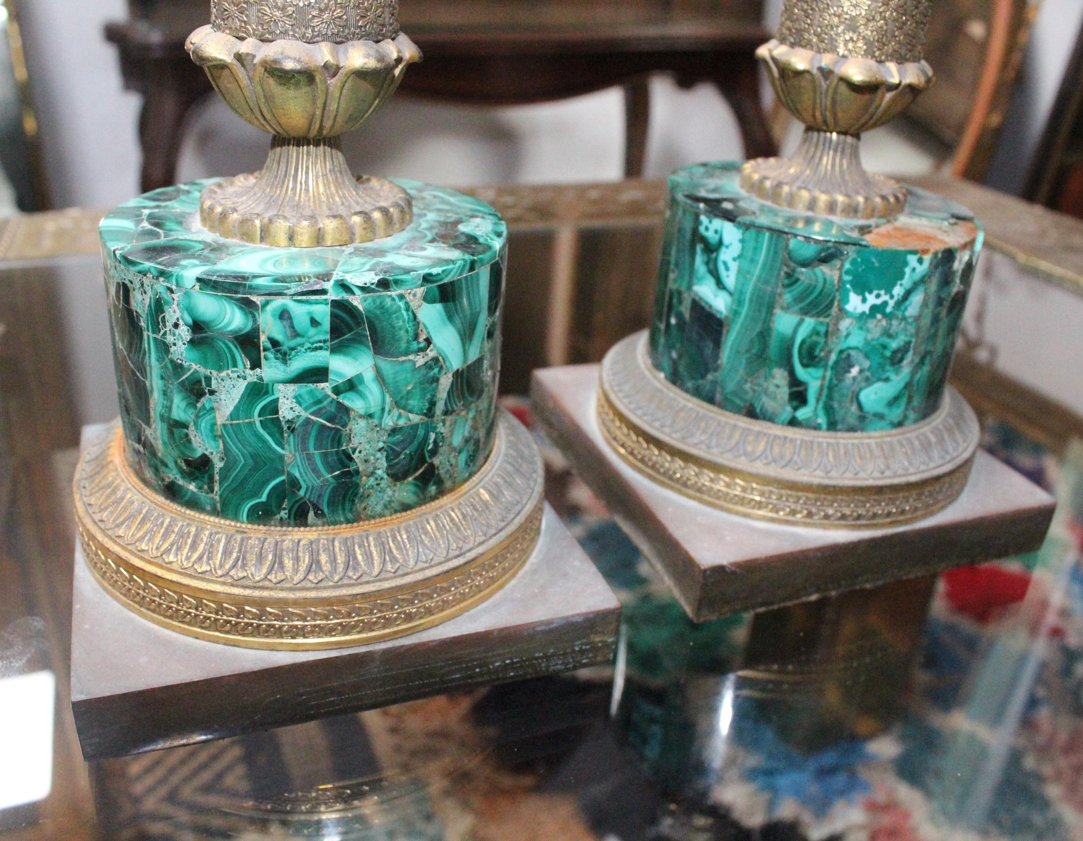 19th Century Pair of French Brass and Malacuite Candleholders 1