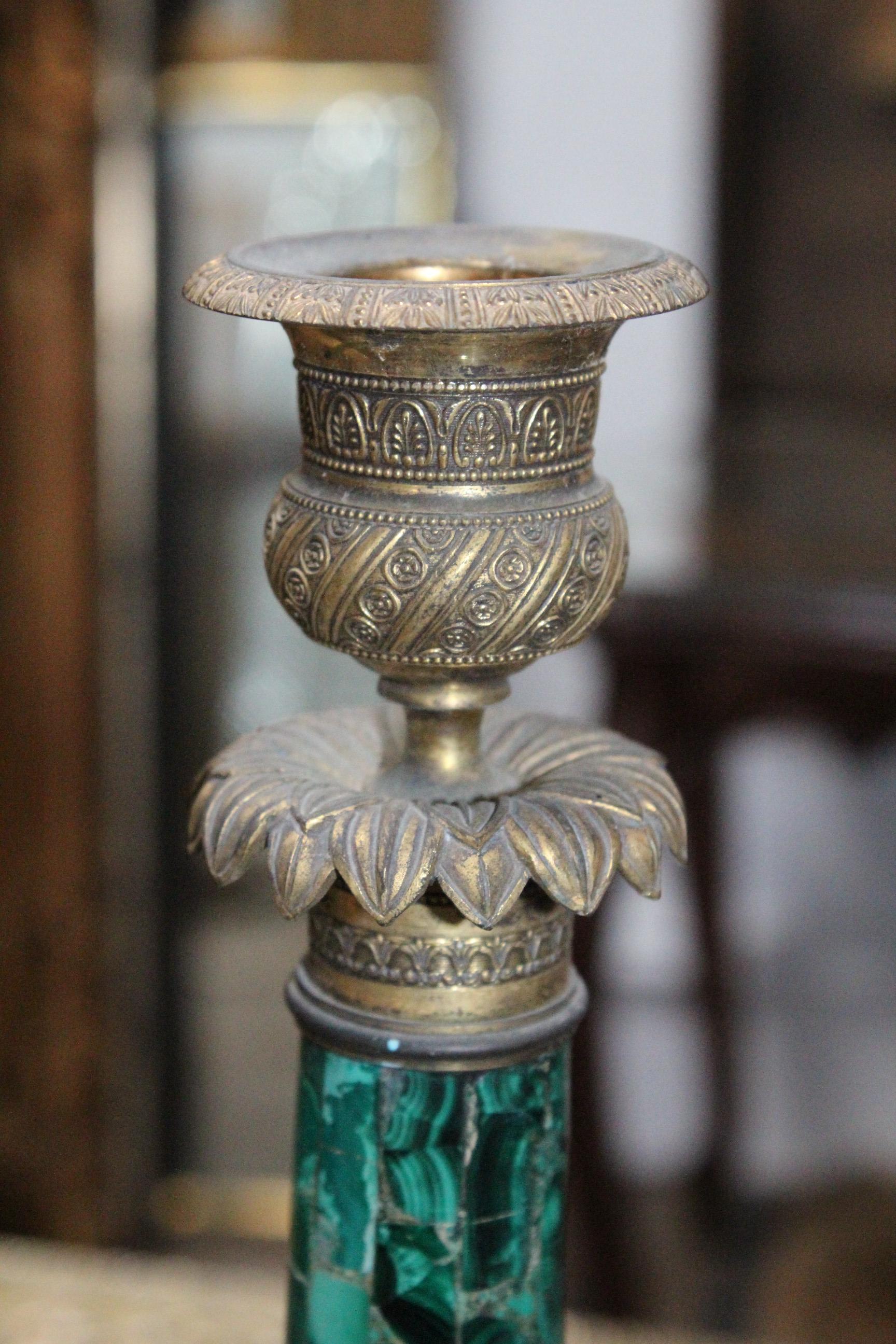 19th Century Pair of French Brass and Malacuite Candleholders 2