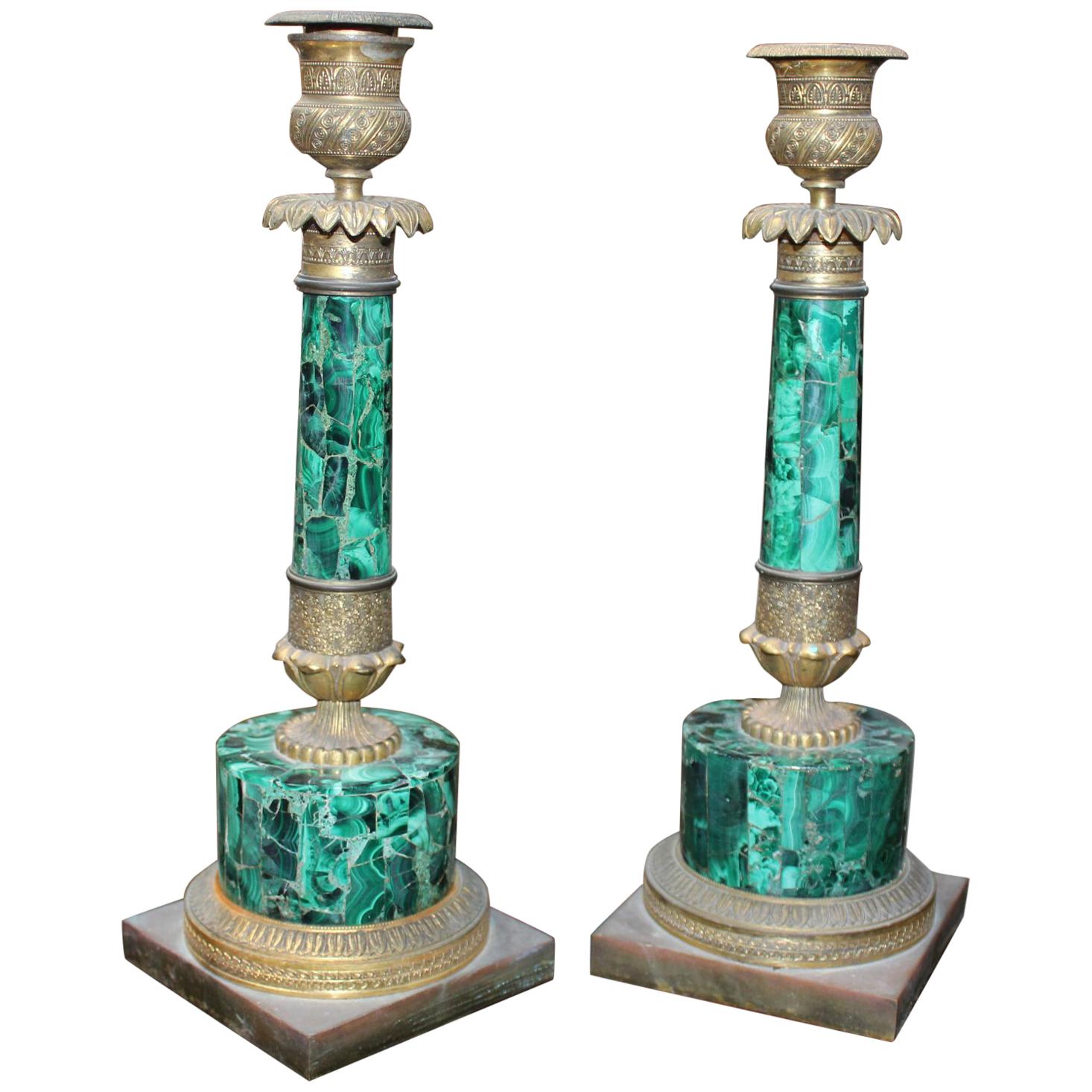 19th Century Pair of French Brass and Malacuite Candleholders