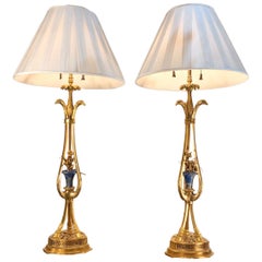 19th Century Pair of French Bronze Doré and Lapis Lamps with Eagle Heads