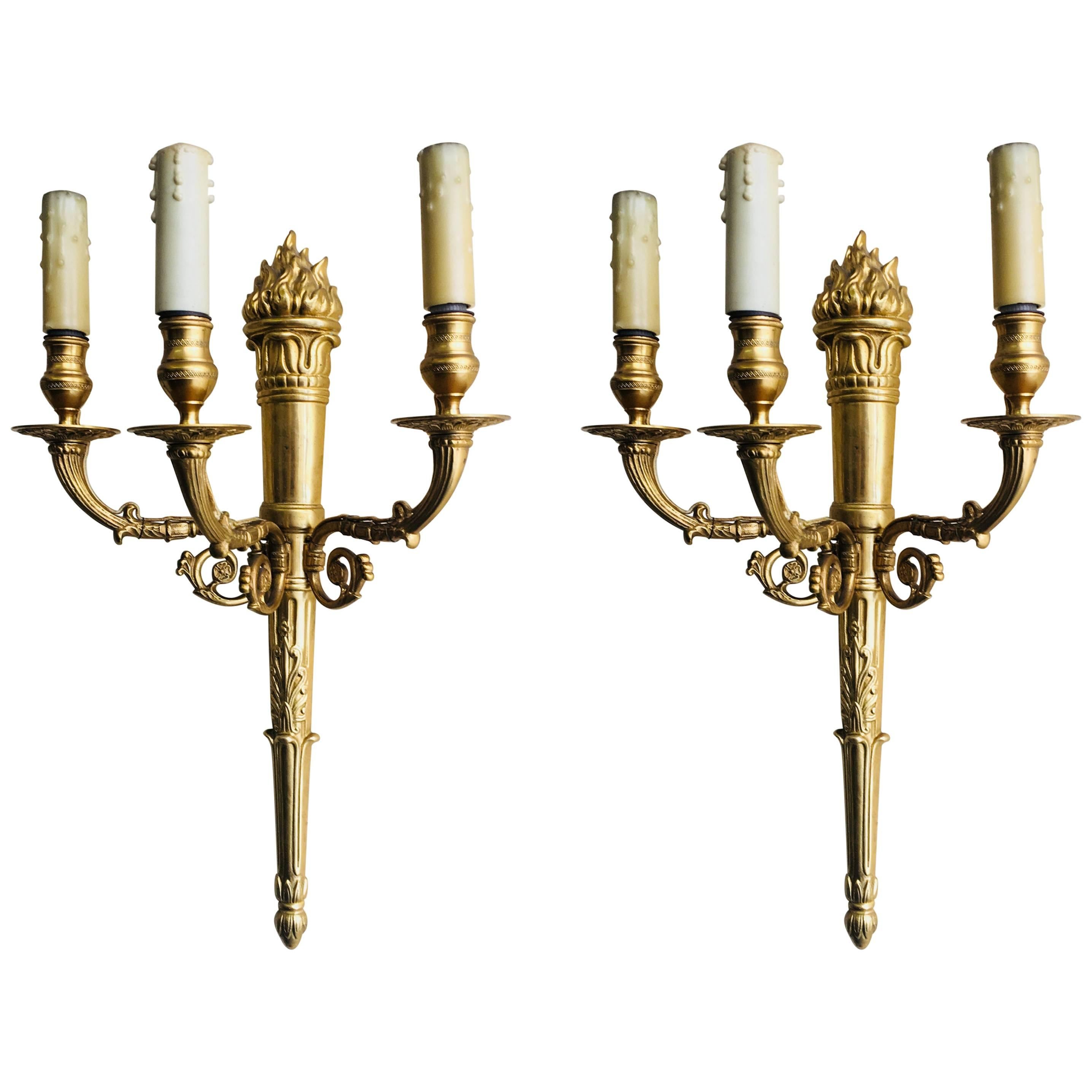 19th Century Pair of French Bronze Three-Light Wall Sconces For Sale