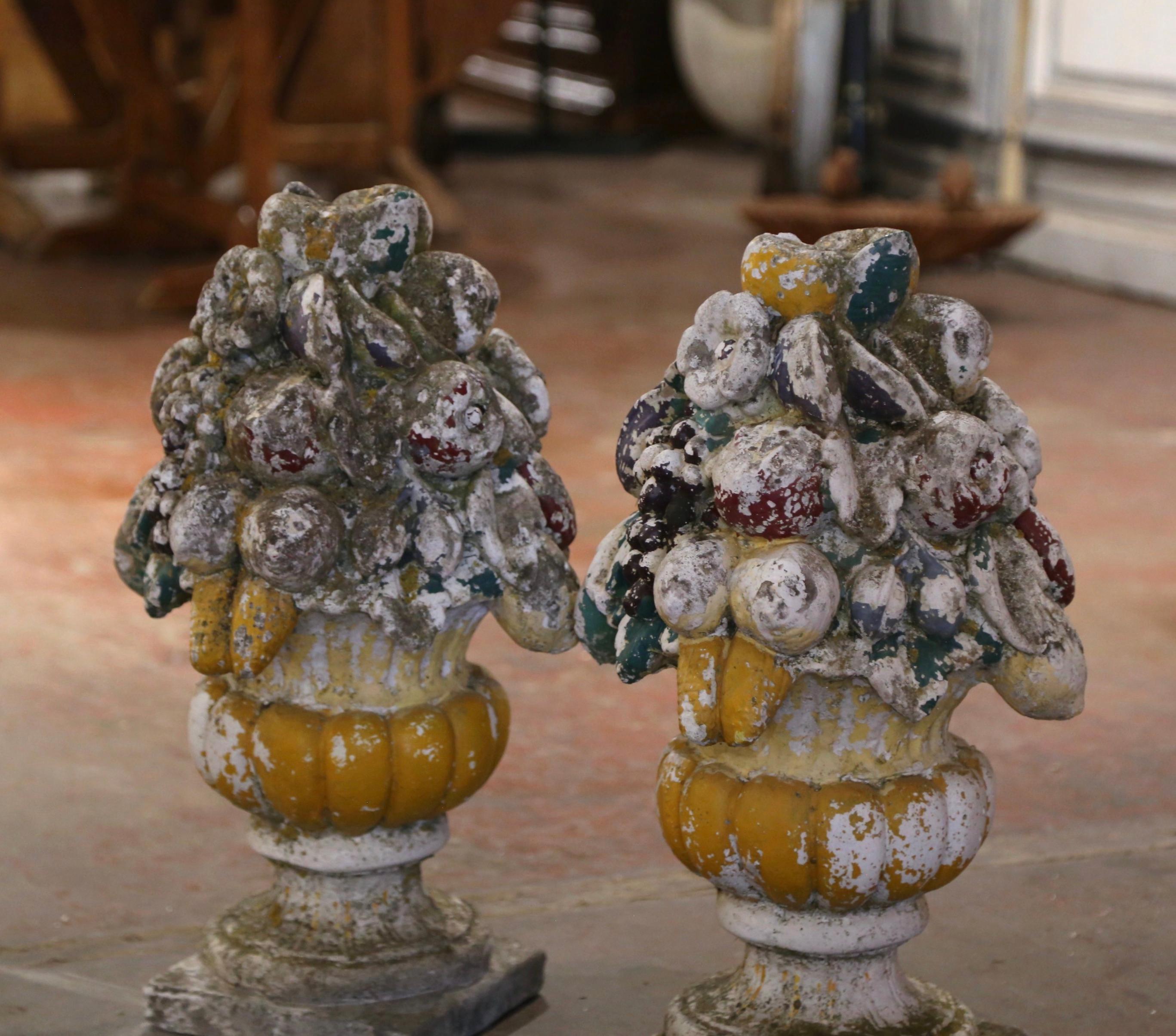 Neoclassical 19th Century Pair of French Carved Weathered Outdoor Vases with Fruit Decor For Sale