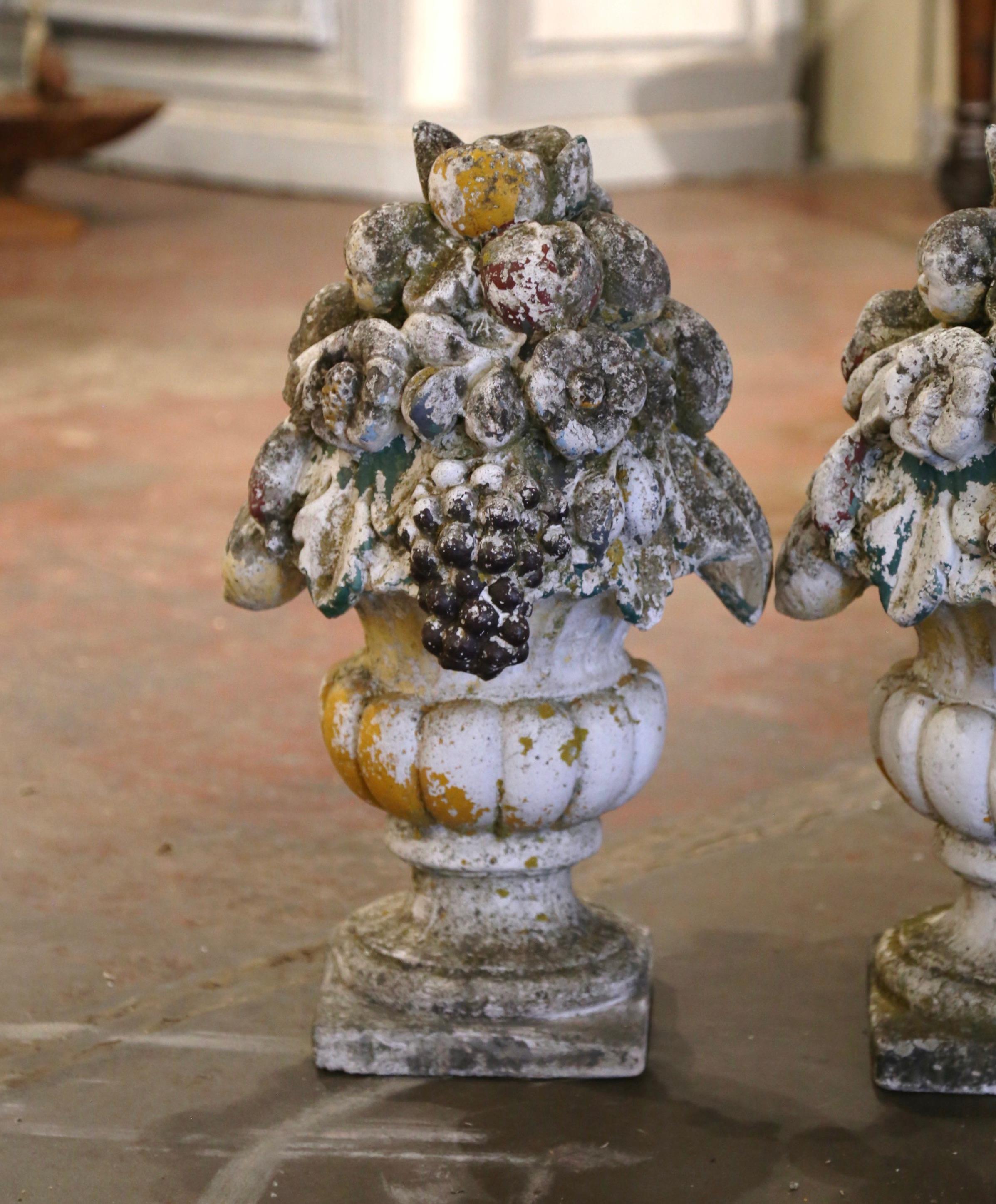 19th Century Pair of French Carved Weathered Outdoor Vases with Fruit Decor In Excellent Condition For Sale In Dallas, TX