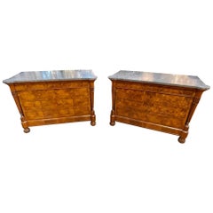 19th Century Pair of French Charles X Flame Mahogany Commodes with Marble Tops