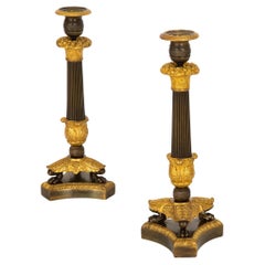 19th Century Pair of French Charles X Gilt & Patinated Bronze Candlesticks