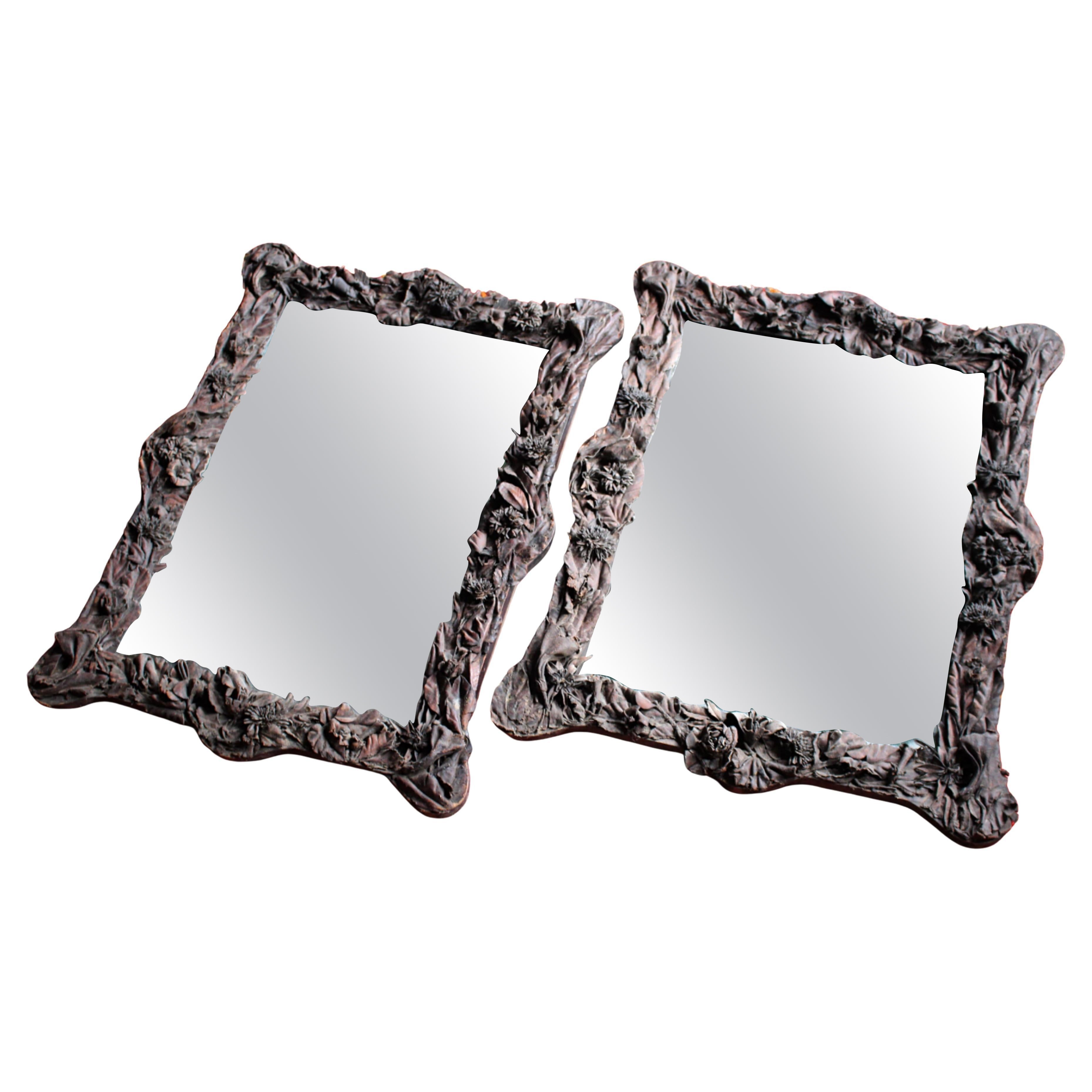 19th Century Pair of French Chateau Leather Appliqué Floral Mercury Wall Mirrors For Sale