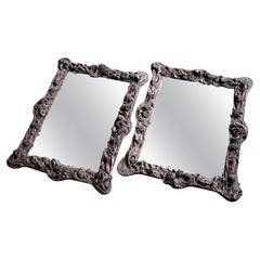 19th Century Pair of French Chateau Leather Appliqué Floral Mercury Wall Mirrors