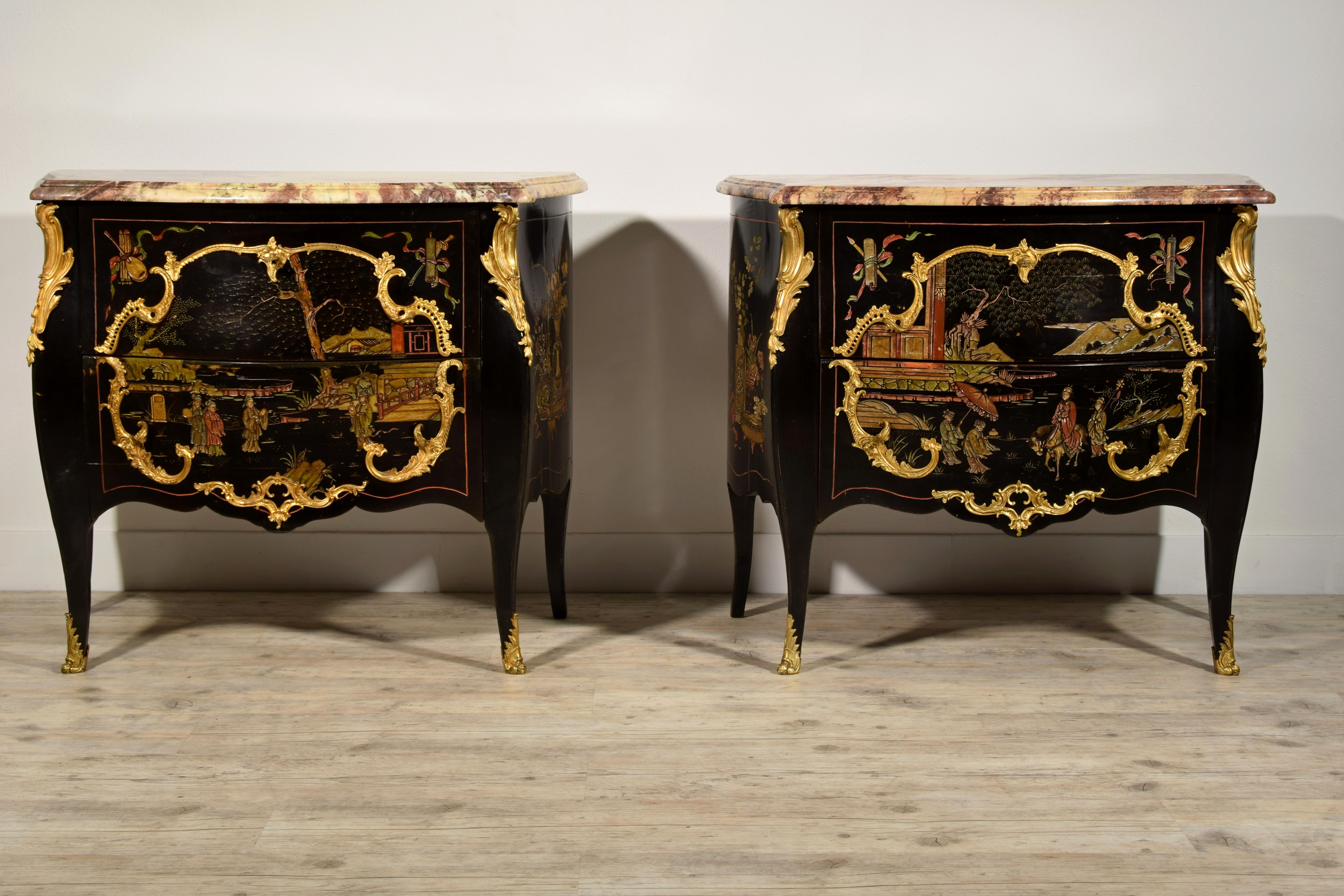 Louis XV 19th Century, Pair of French Chinoiserie Lacquered Commodes with Marble Top