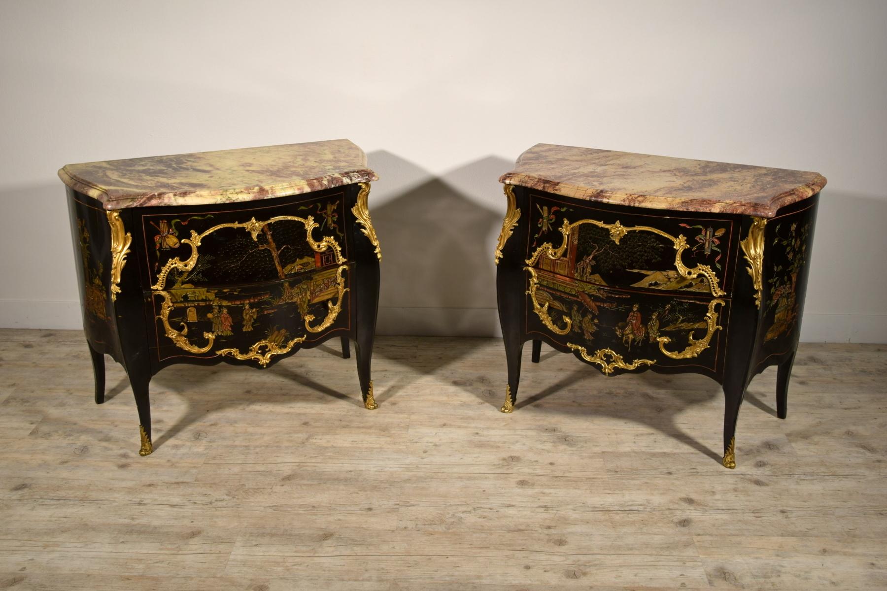 Gilt 19th Century, Pair of French Chinoiserie Lacquered Commodes with Marble Top