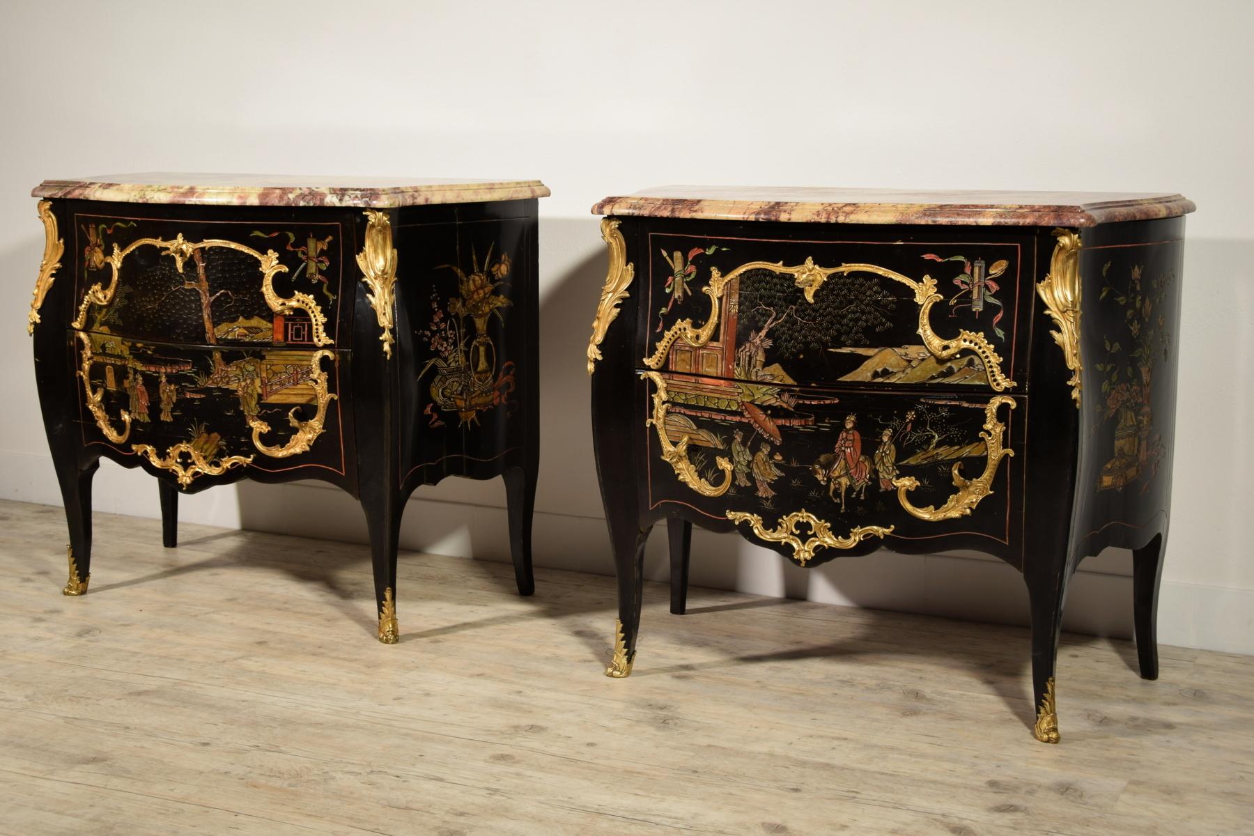 Bronze 19th Century, Pair of French Chinoiserie Lacquered Commodes with Marble Top