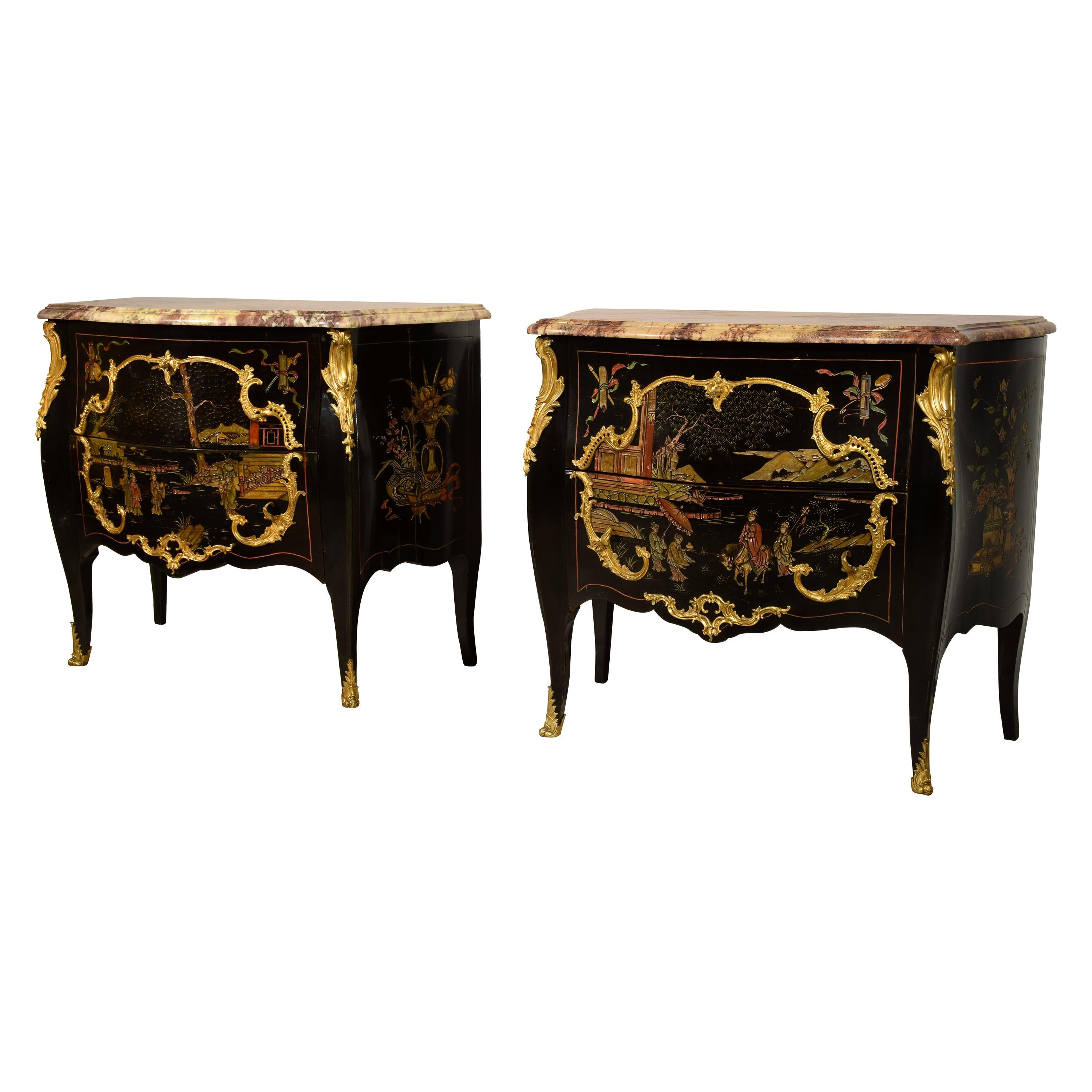19th Century, Pair of French Chinoiserie Lacquered Commodes with Marble Top