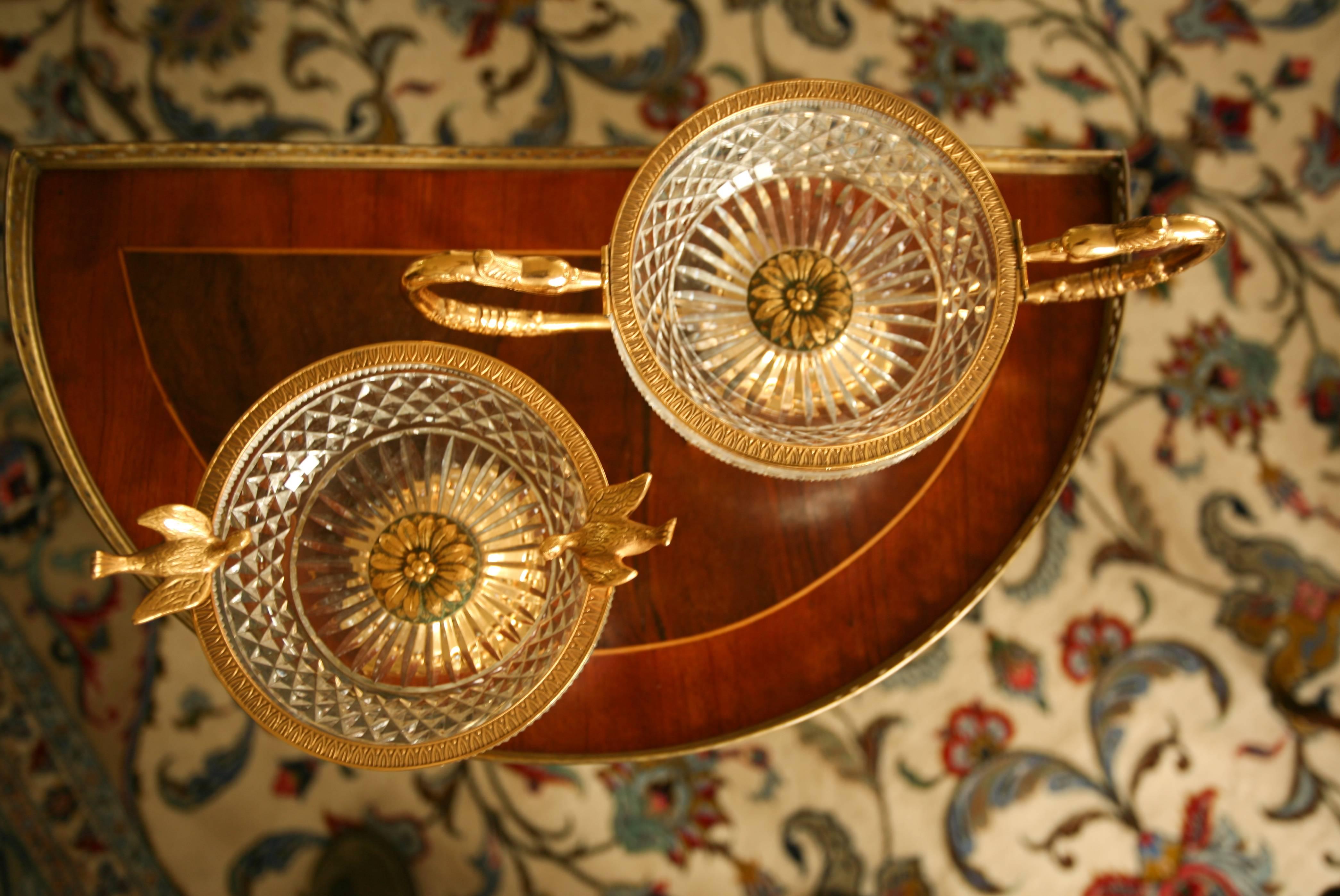 19th Century Pair of French Crystal Bowls, Gilded Brass Frames in Empire Style In Excellent Condition In Sofia, BG