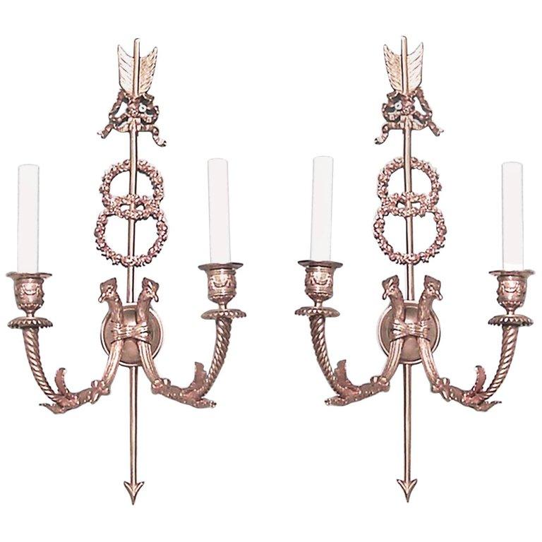 19th Century Pair of French Directoire Bronze Dore Bird and Arrow Wall Sconces