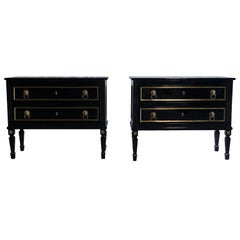 19th Century Pair of French Ebonized Wood Chests, Antique Black Brass Commodes