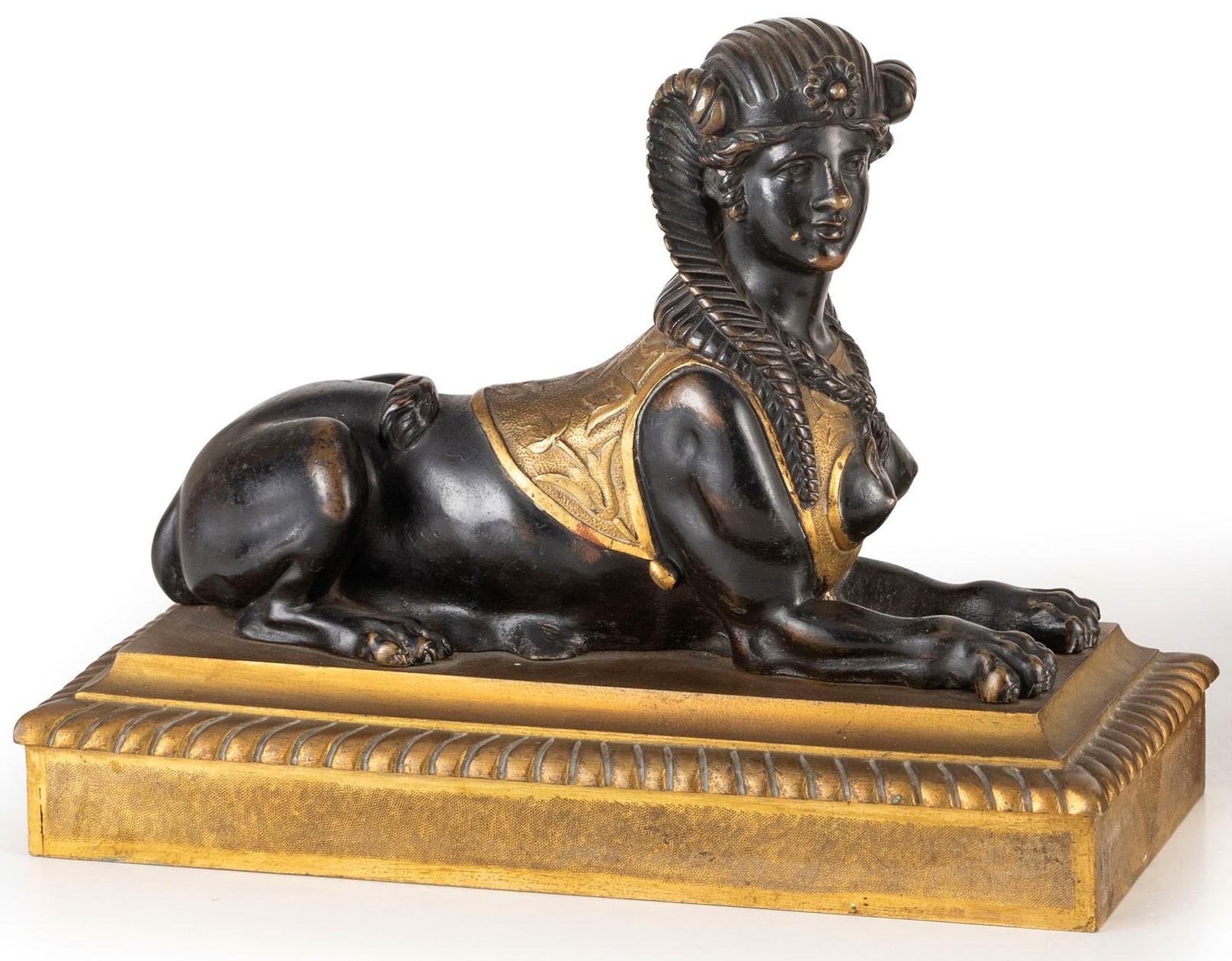 19th Century, Pair of French Empire Gilt and Patinated Bronze Sculptures Sphinxe For Sale 1