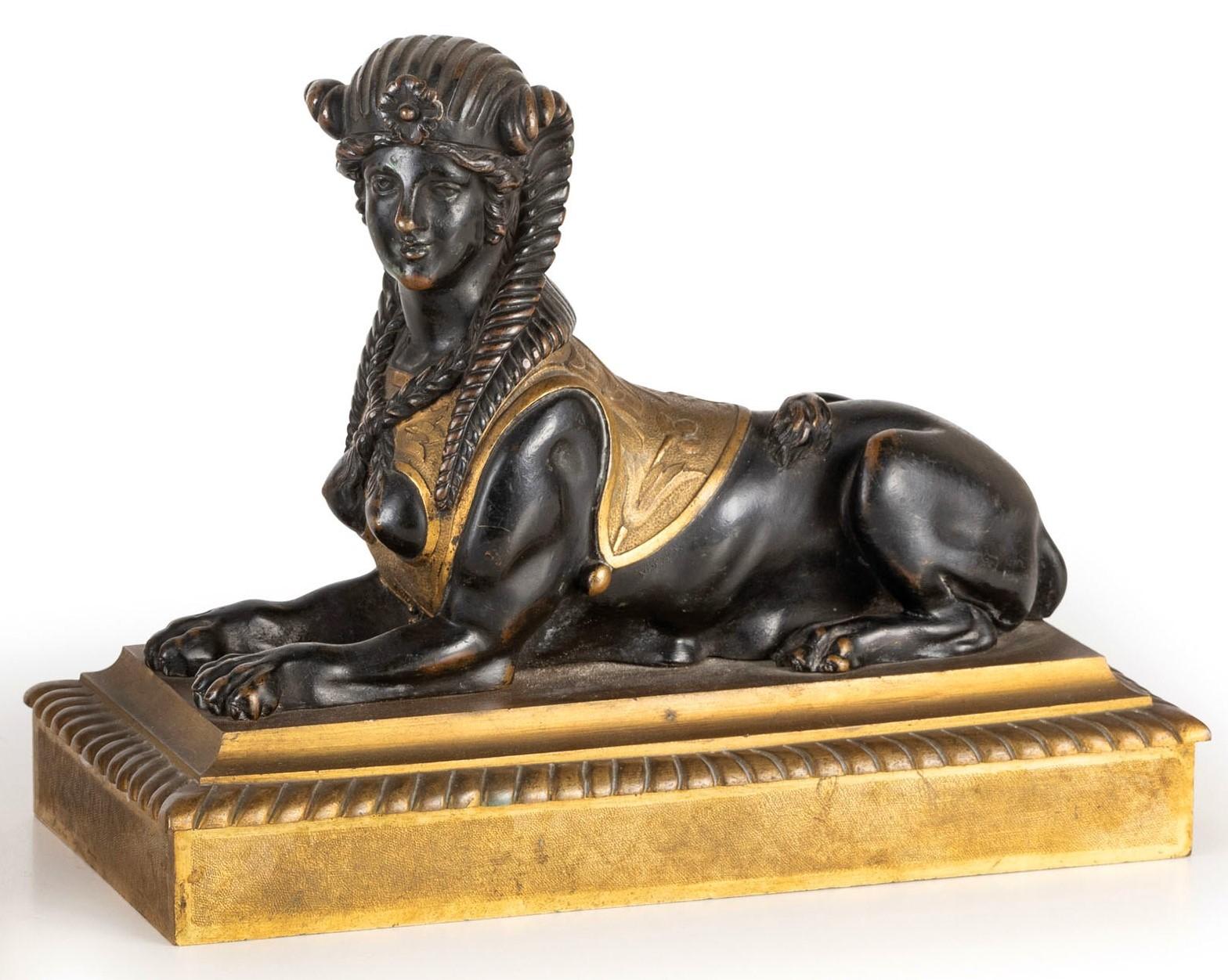 19th Century, Pair of French Empire Gilt and Patinated Bronze Sculptures Sphinxe For Sale 2