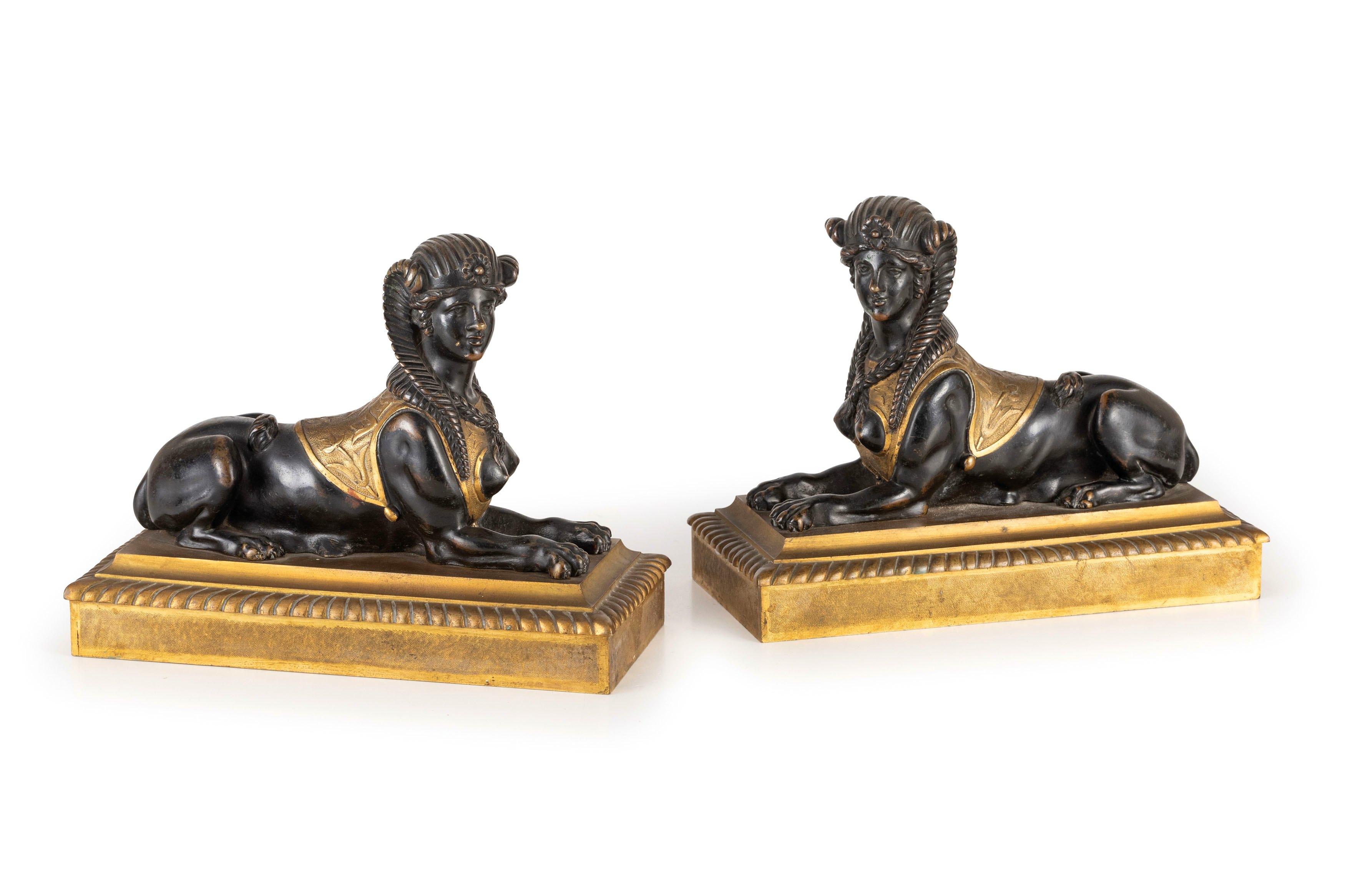 19th Century, Pair of French Empire Gilt and Patinated Bronze Sculptures Sphinxe For Sale 3
