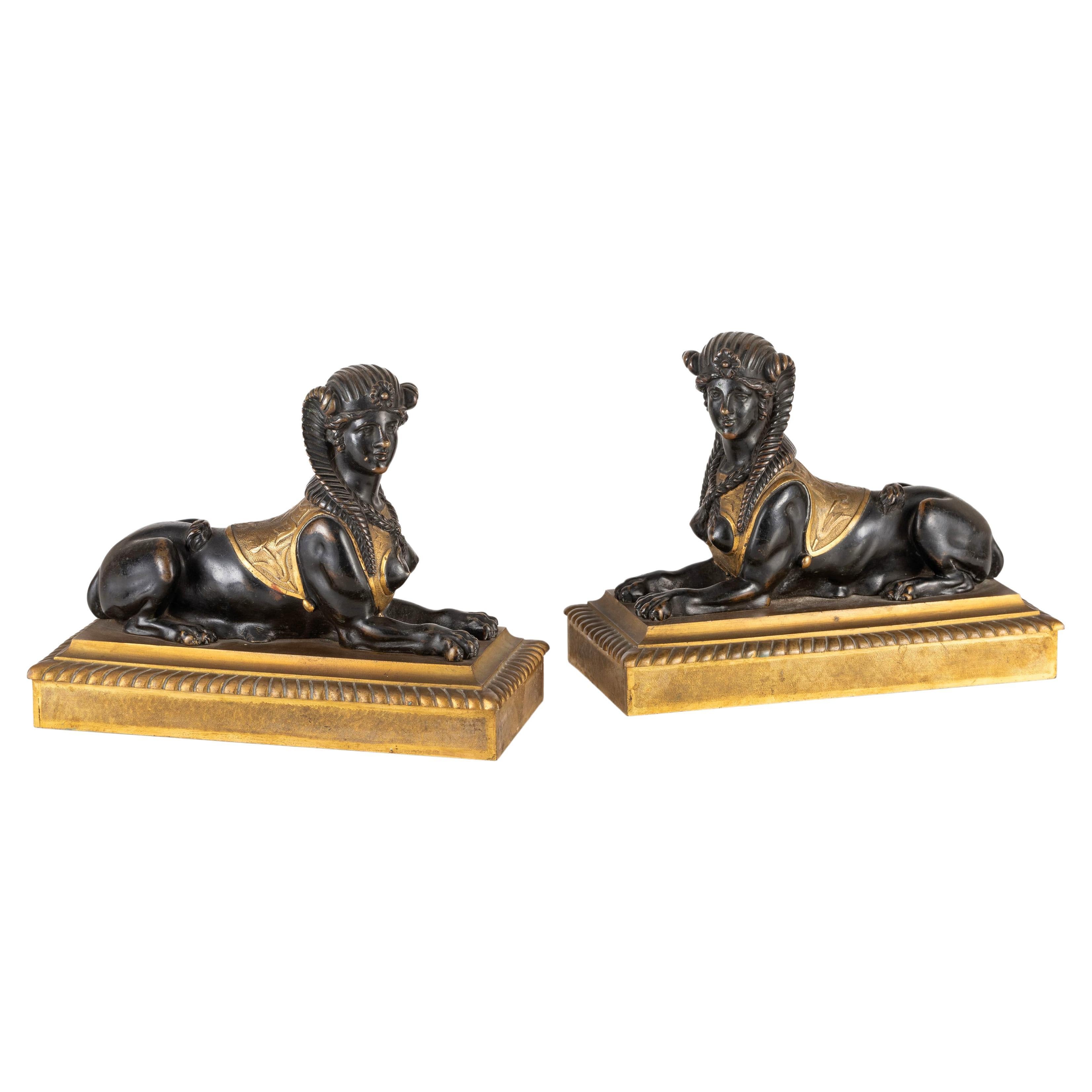 19th Century, Pair of French Empire Gilt and Patinated Bronze Sculptures Sphinxe