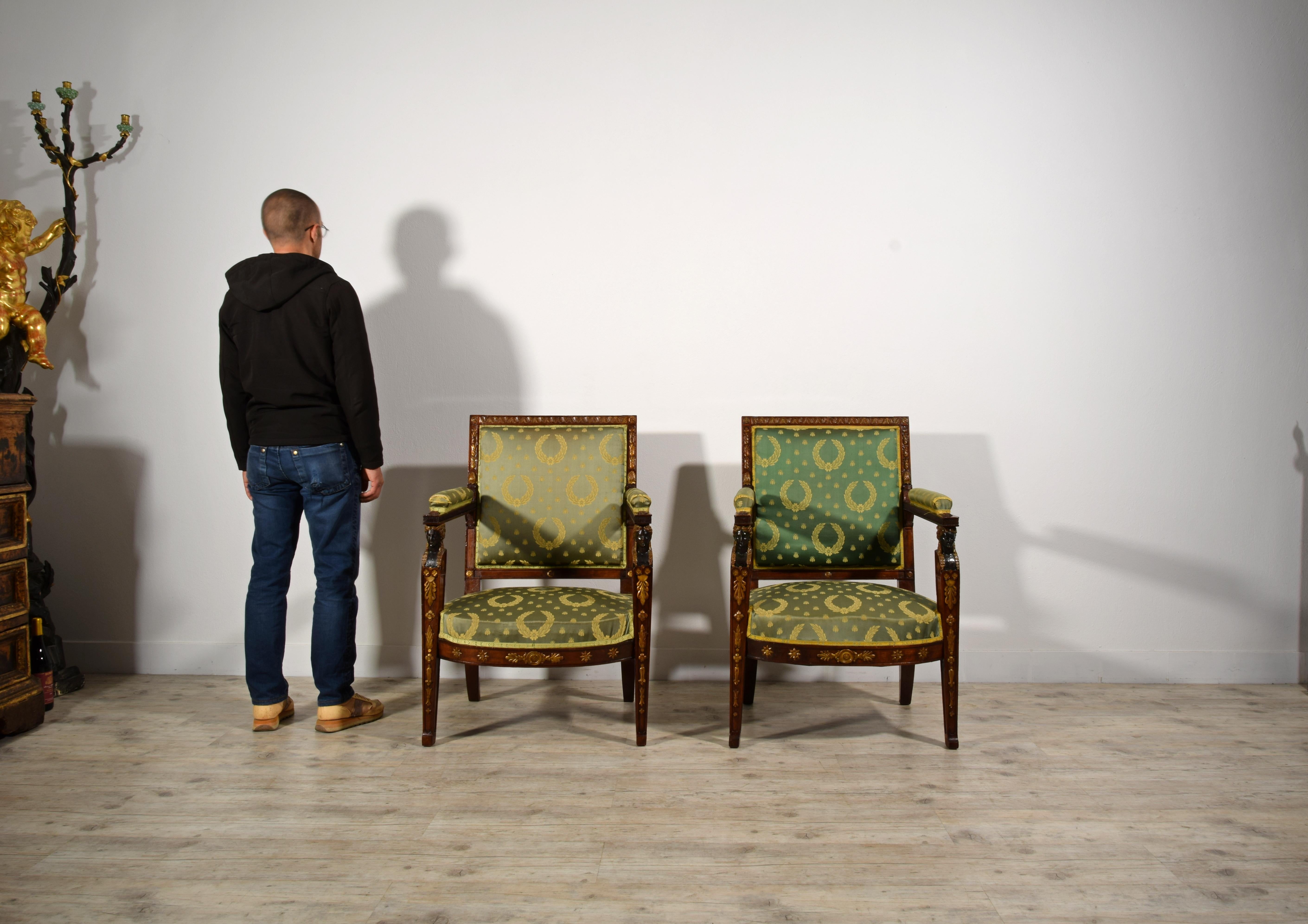 19th Century, Pair of French Empire Style Wood Armchairs For Sale 9