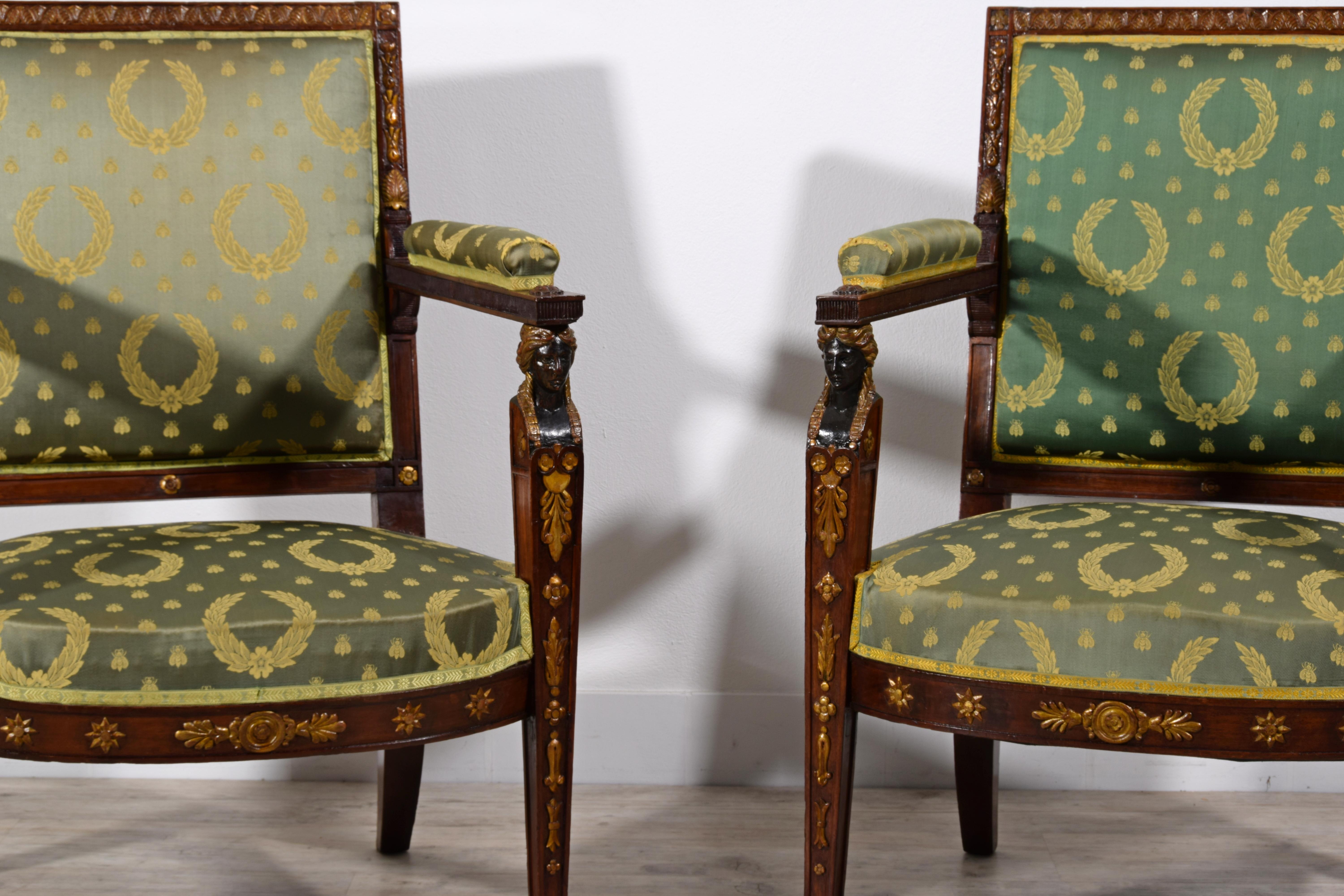 19th Century, Pair of French Empire Style Wood Armchairs For Sale 10