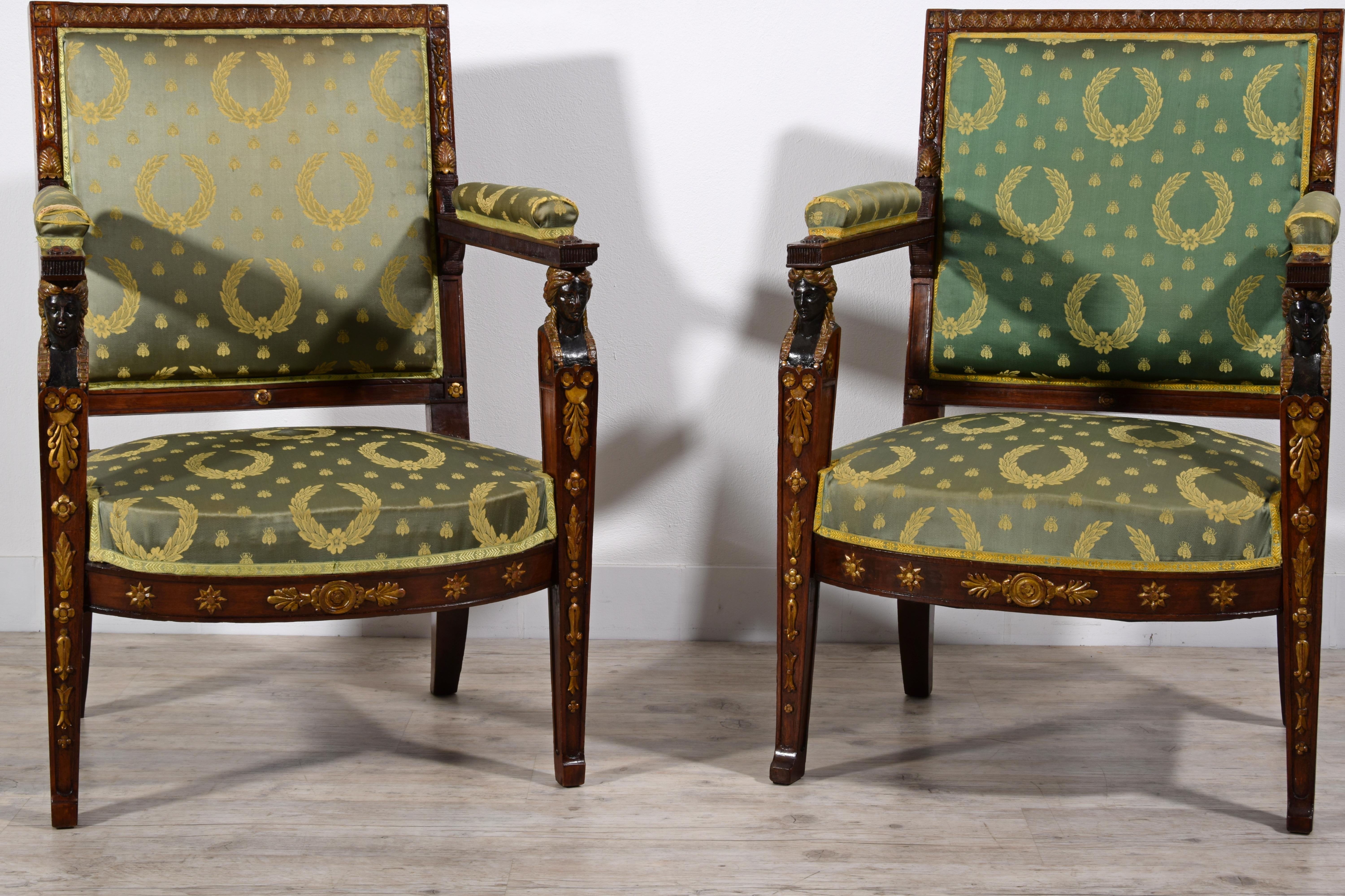 19th Century, Pair of French Empire Style Wood Armchairs For Sale 11