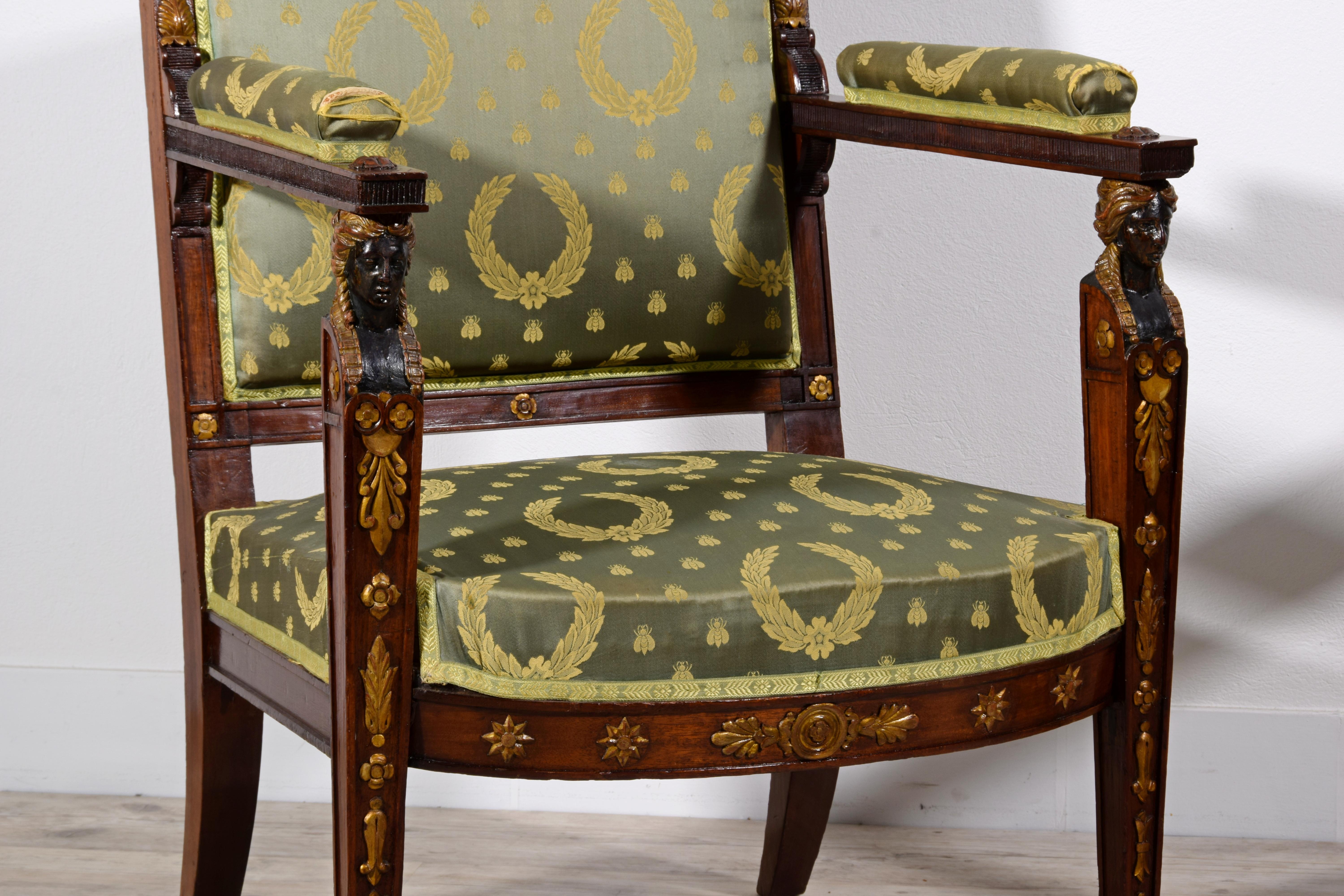 19th Century, Pair of French Empire Style Wood Armchairs For Sale 14