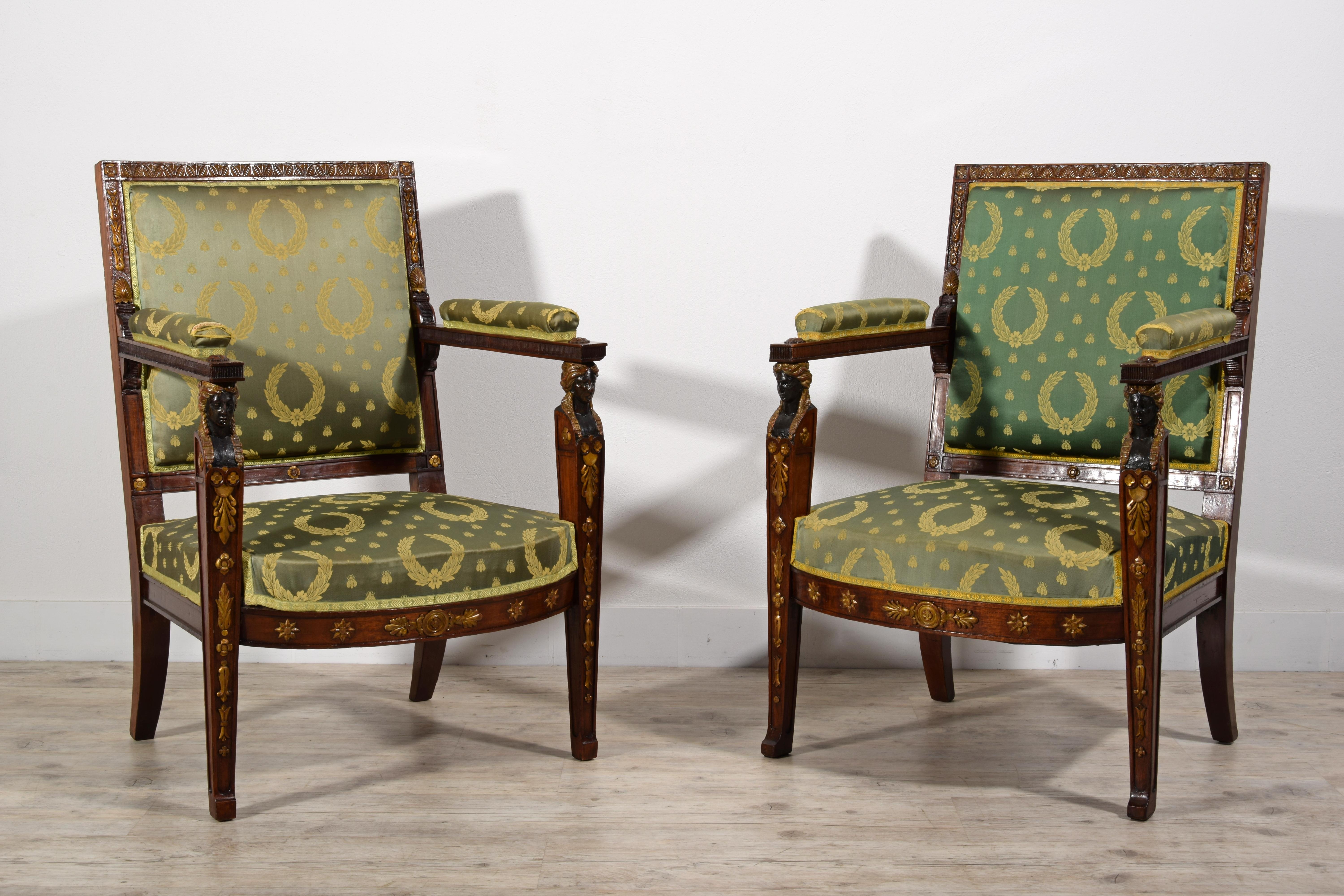 19th century, Pair of French Empire style Wood Armchairs 
This delightful pair of wood armchairs was made in France in the nineteenth century in the Empire style. The plant is straight, the rear legs are slightly arched outwards, while the front