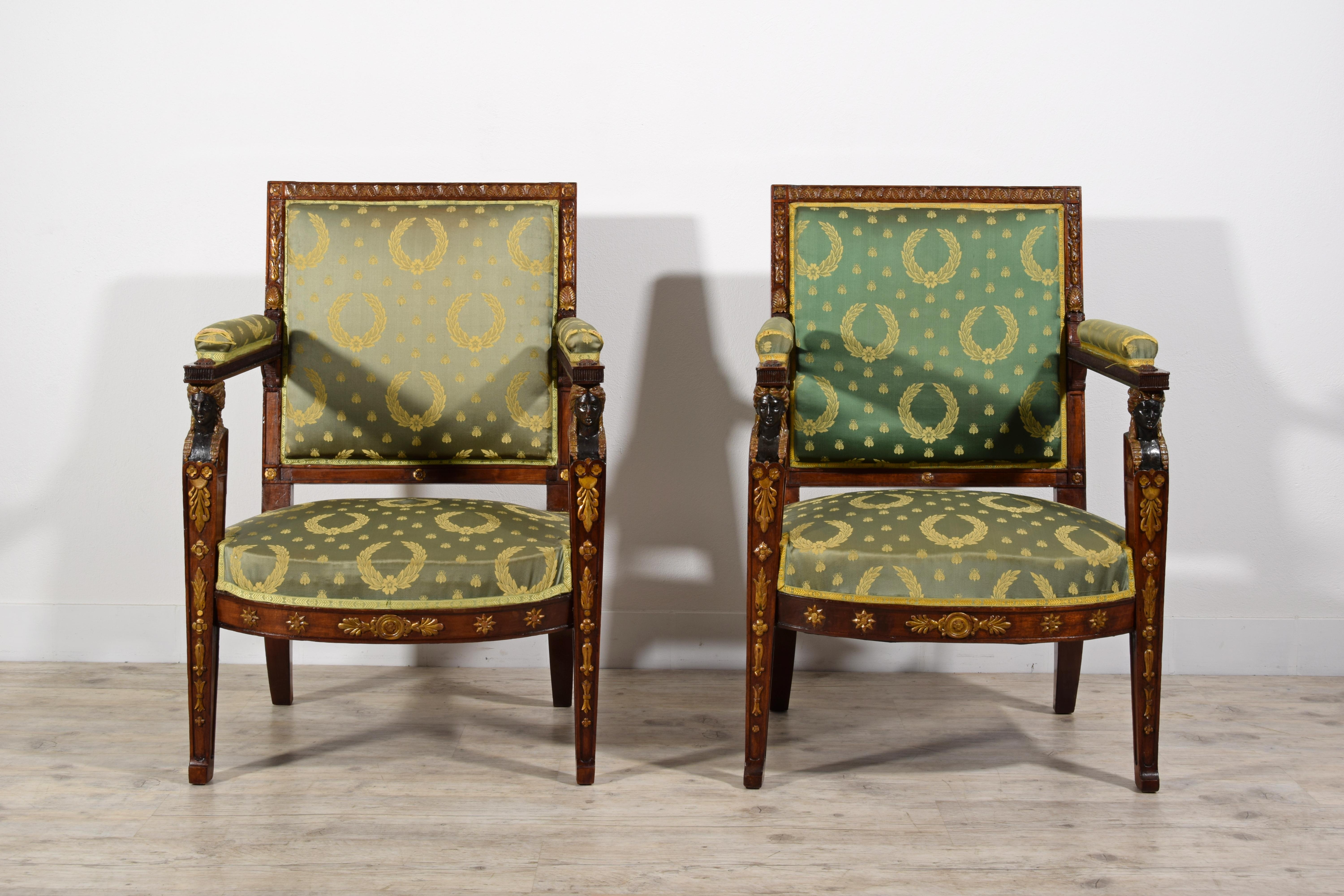 19th Century, Pair of French Empire Style Wood Armchairs For Sale 1