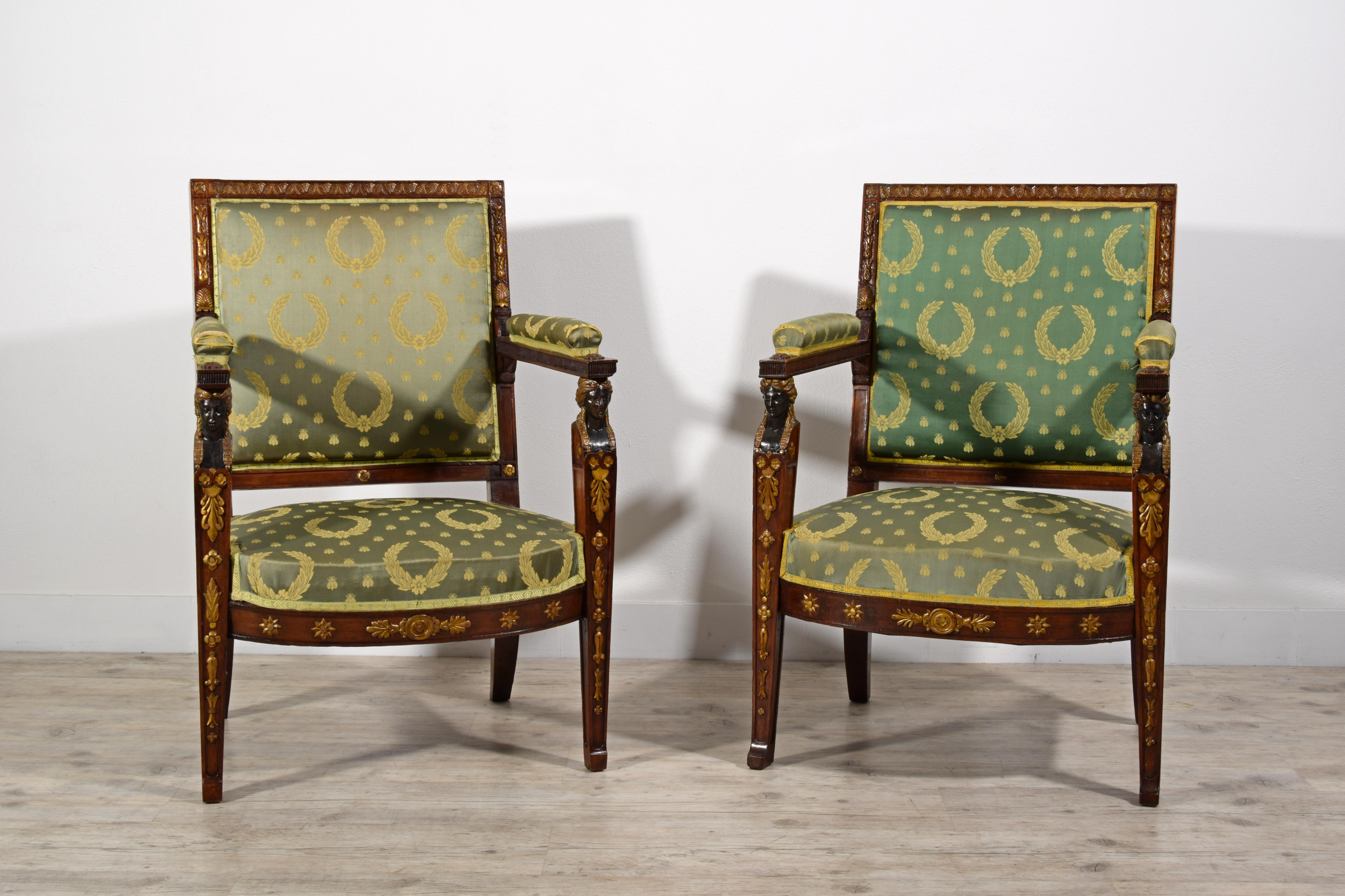 19th Century, Pair of French Empire Style Wood Armchairs For Sale 2