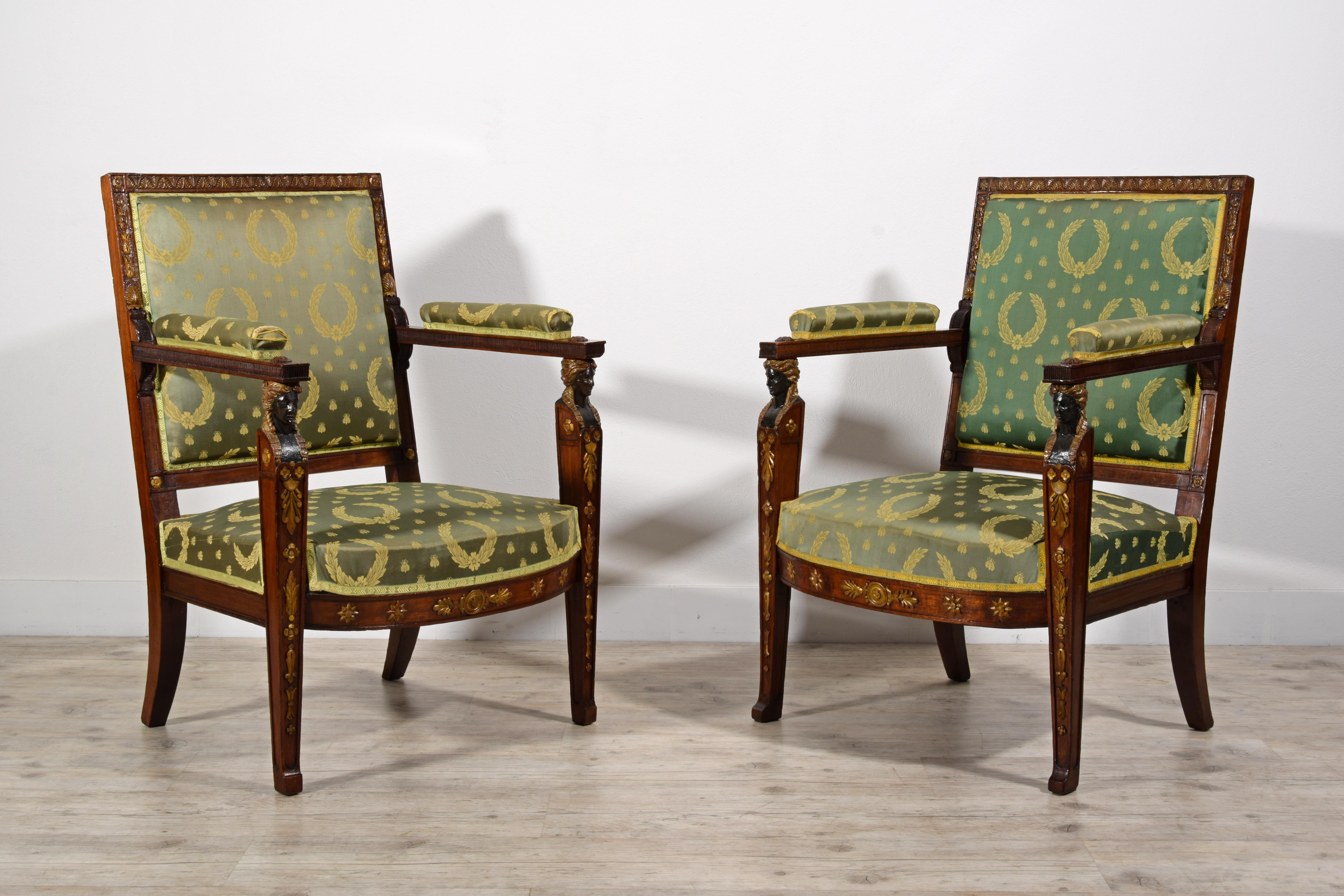 19th Century, Pair of French Empire Style Wood Armchairs For Sale 3