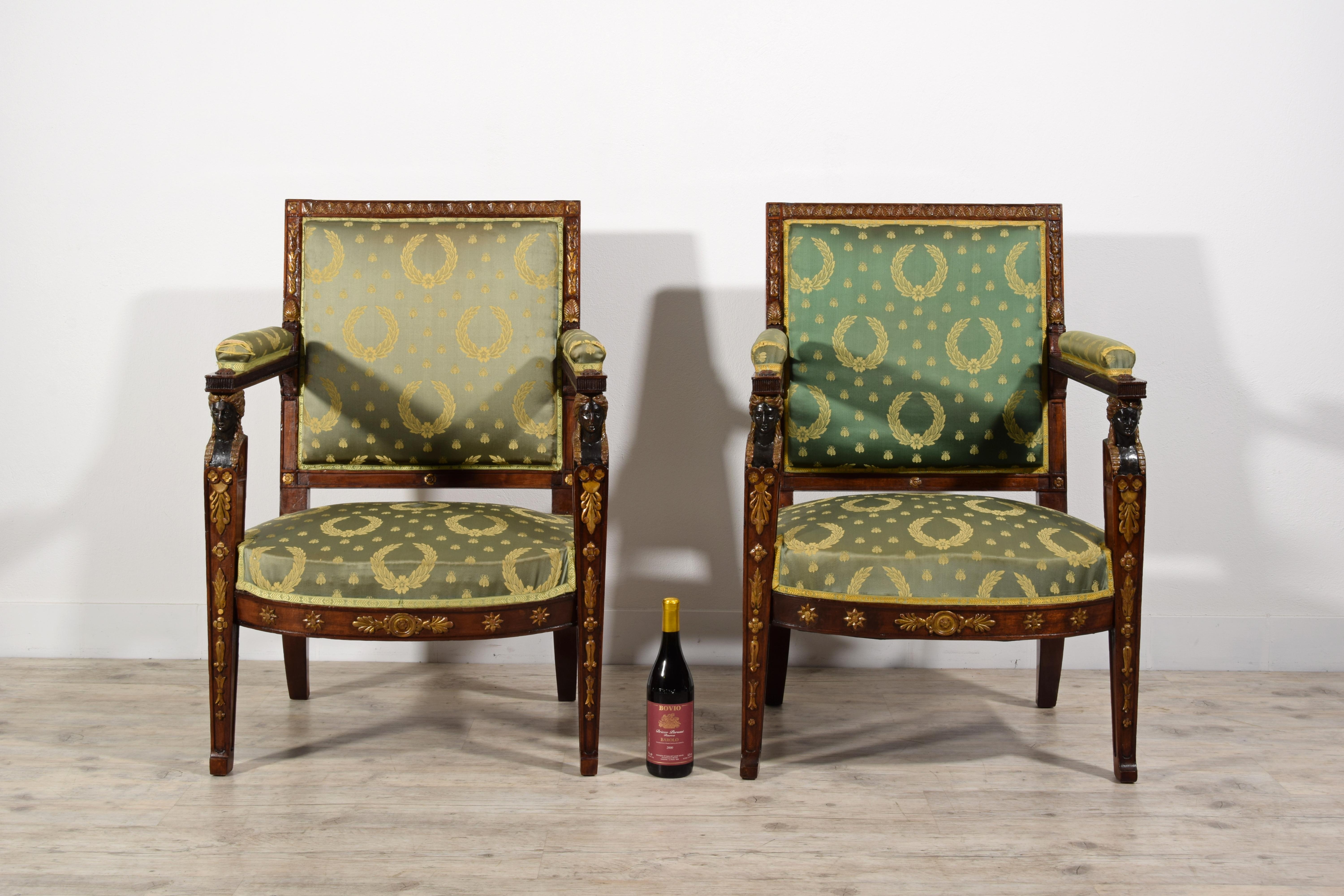 19th Century, Pair of French Empire Style Wood Armchairs For Sale 4